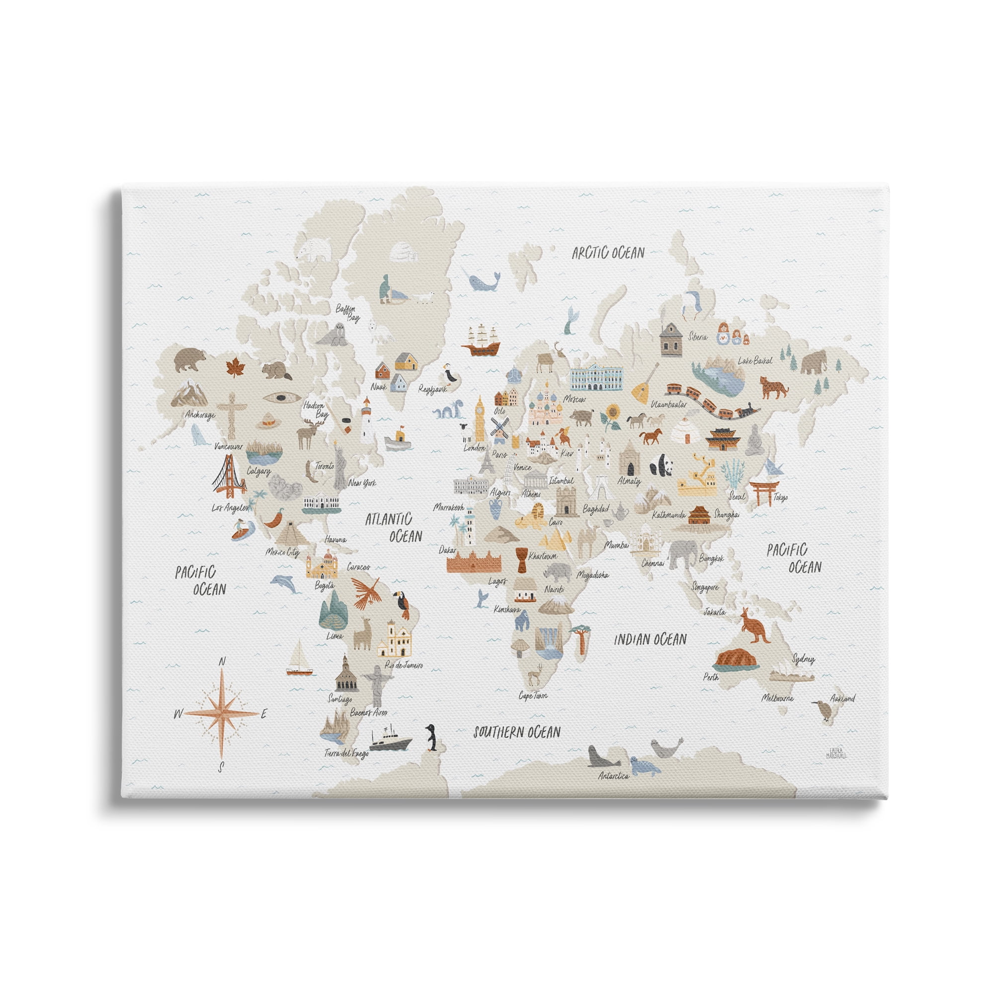 Stupell Indtries World Map of Destination Illtrations Soft Brown Tones,20 x 16,Design by Laura Marshall