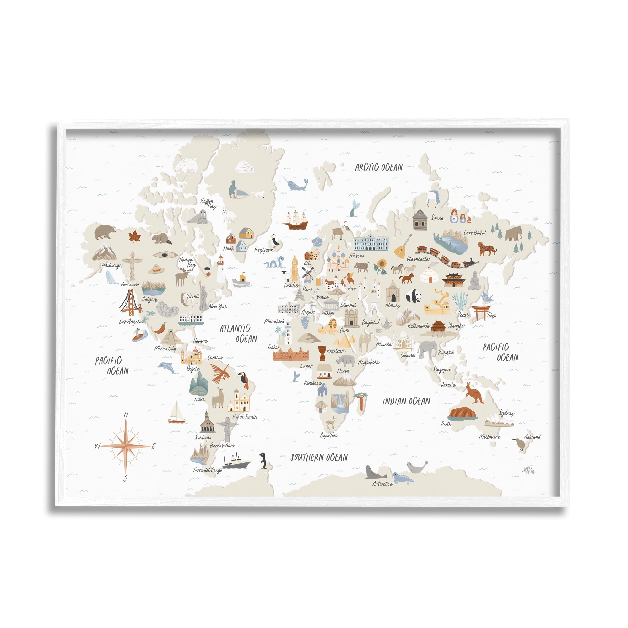 Stupell Indtries World Map of Destination Illtrations Soft Brown Tones,30 x 24,Design by Laura Marshall