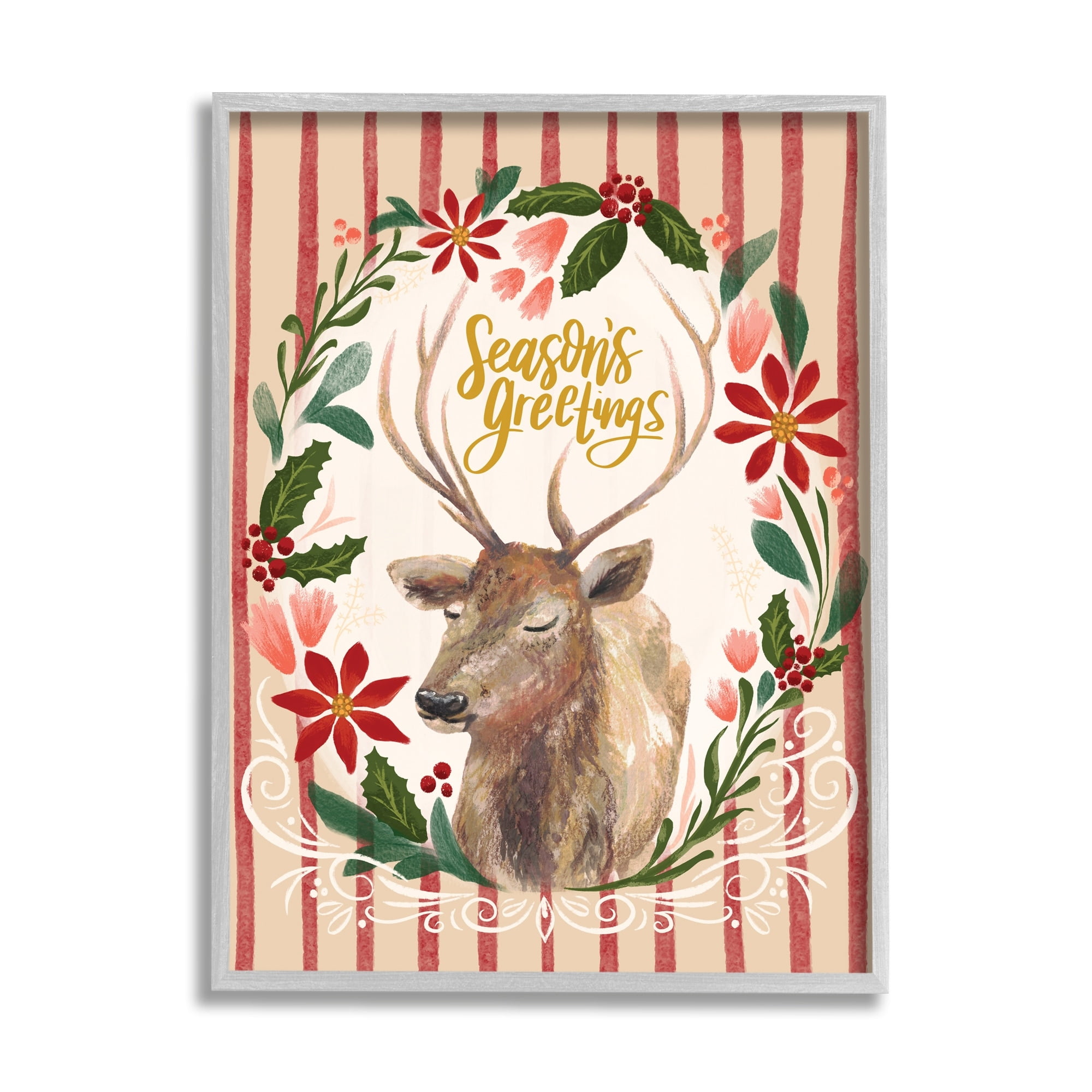 Stupell Industries Seasons Greetings Holiday Wreath Soft Reindeer Portrait Animals & Insects Painting Gray Framed Art Print Wall Art, 11 x 14