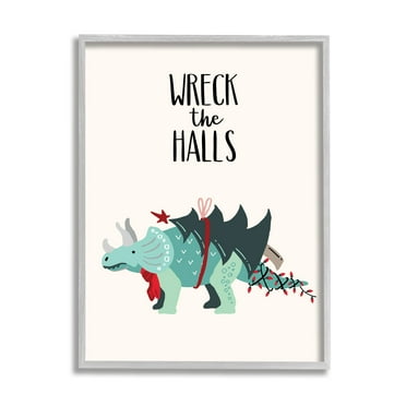 Stupell Indtries Wreck The Halls Christmas Dinosaur Phrase Holiday Triceratops Grey Framed Wall Art, 16 x 20, Design by Zirk Design