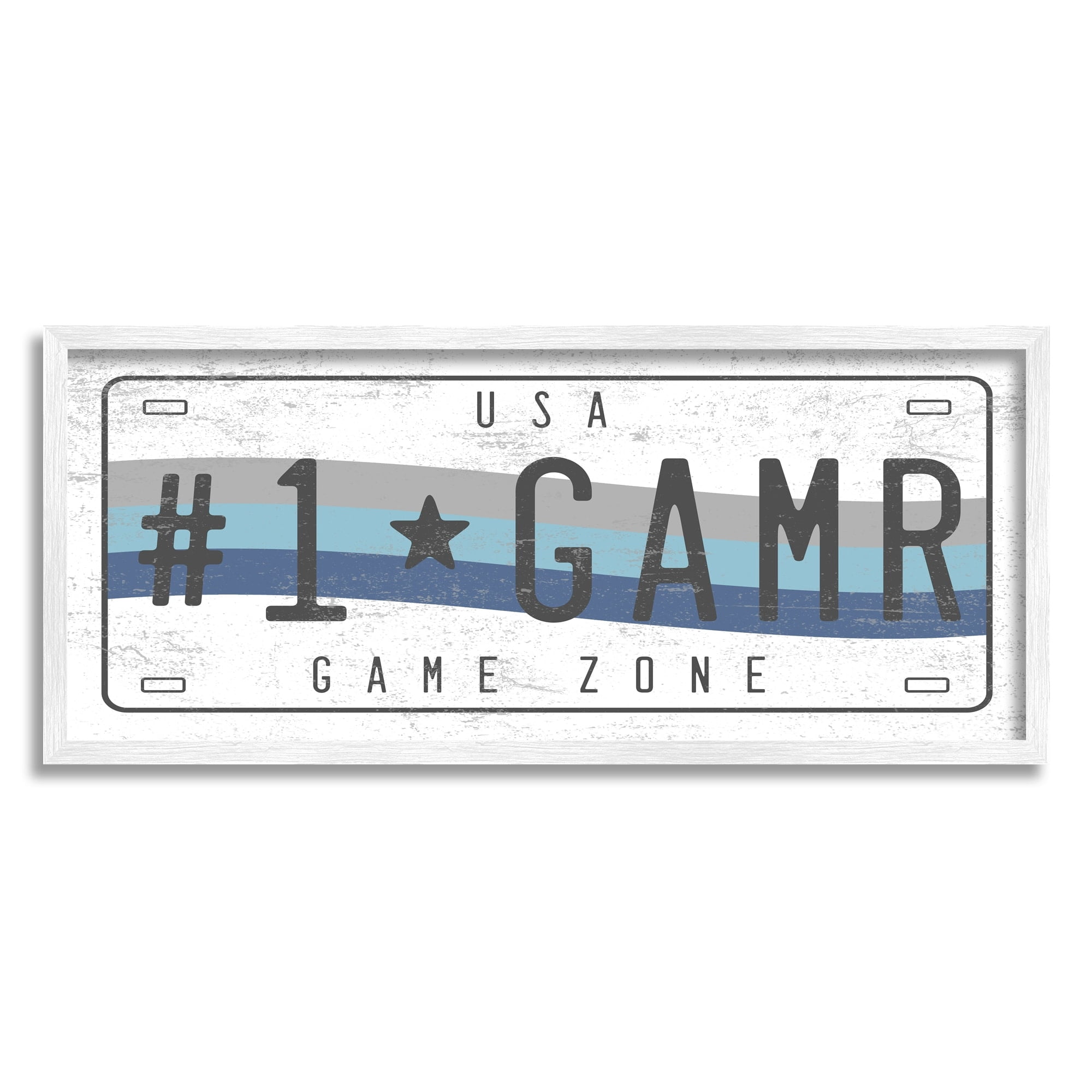 Stupell Industries #1 GAMR Blue Wave Rainbow License Plate Novelty Painting White Framed Art Print Wall Art, 13 x 30, Design by Daphne Polselli