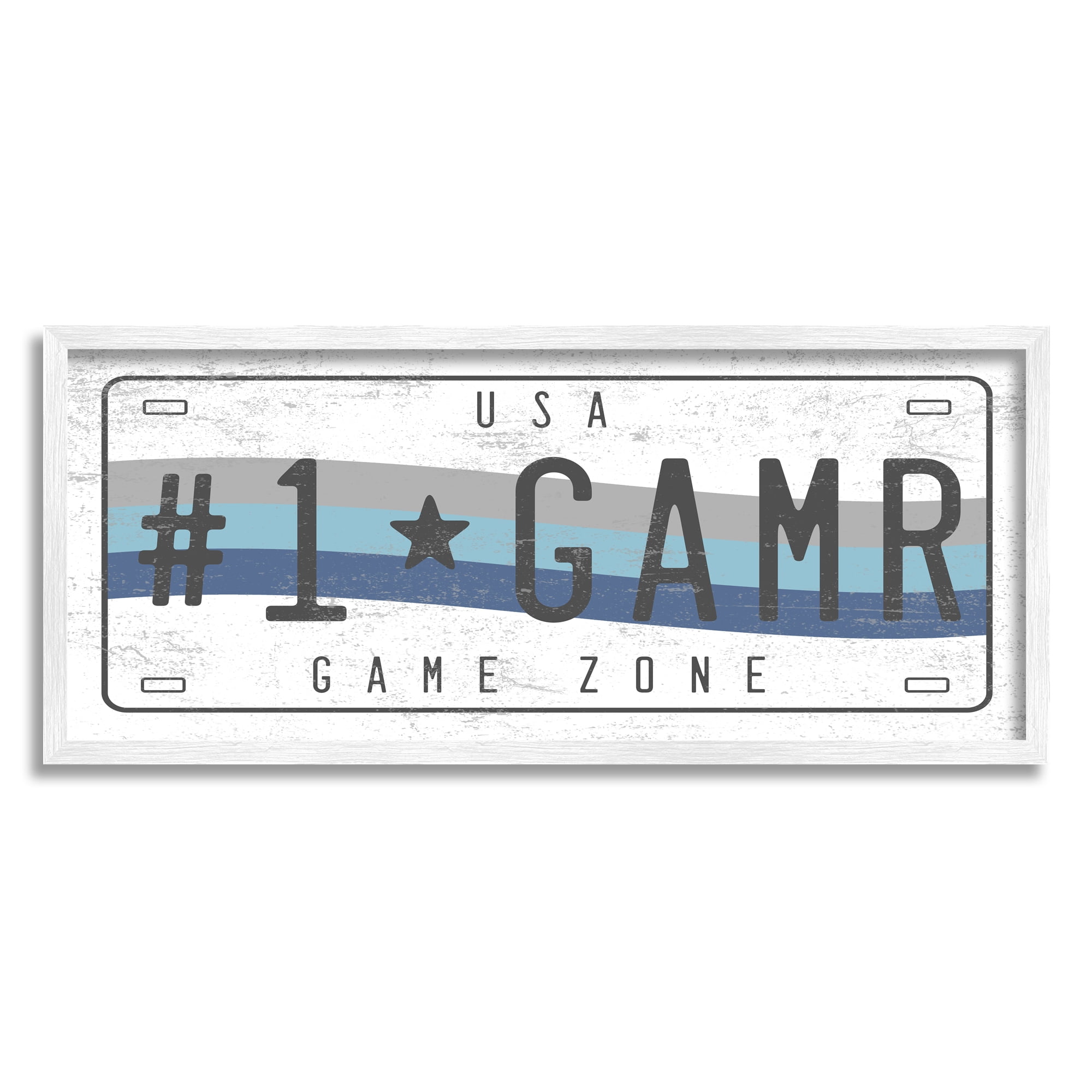 Stupell Industries #1 GAMR Blue Wave Rainbow License Plate Transportation Painting White Framed Art Print Wall Art, 10 x 24