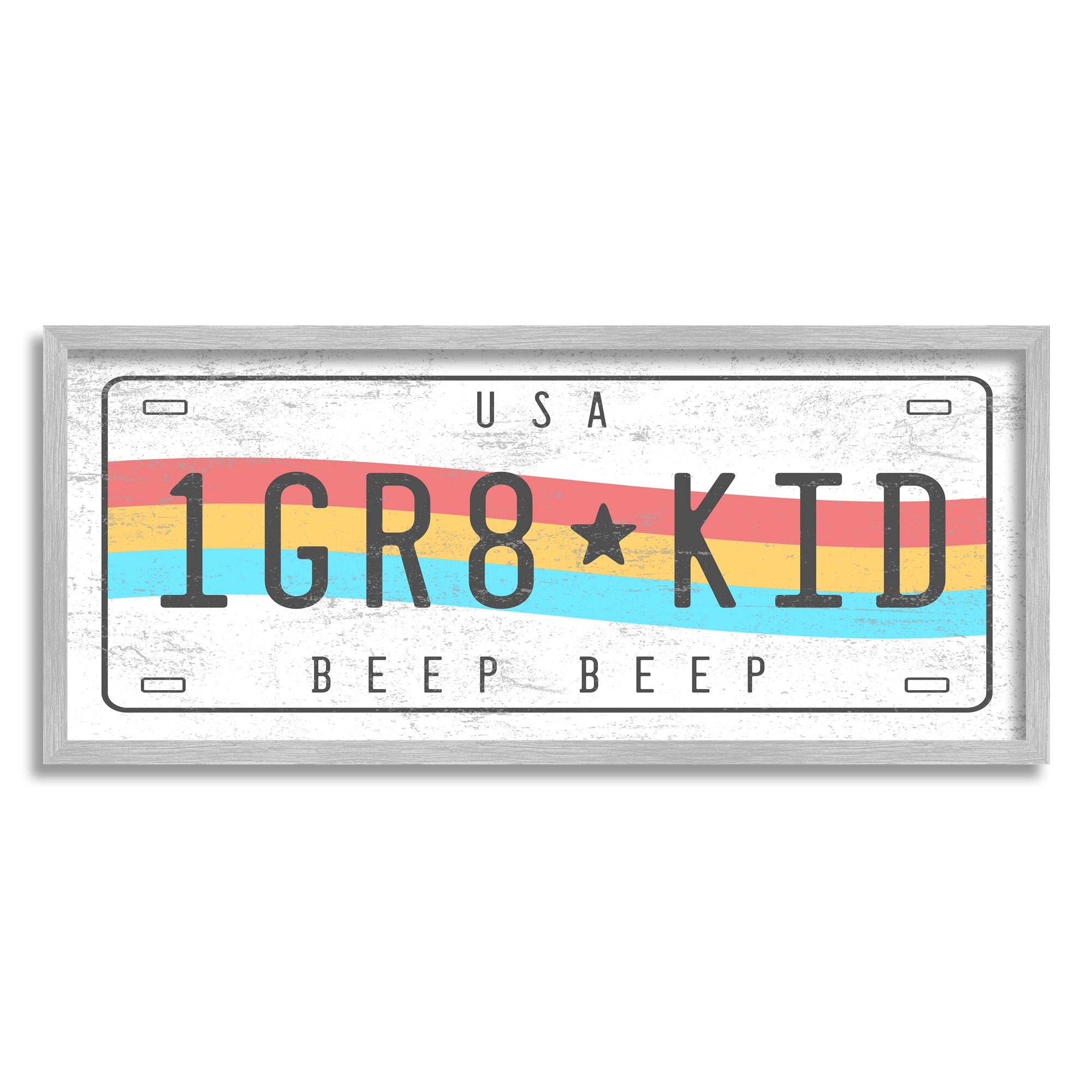 Stupell Industries 1 GR8 KID Rainbow Car License Plate Coastal Painting Gray Framed Art Print Wall Art, 13 x 30, Design by Daphne Polselli