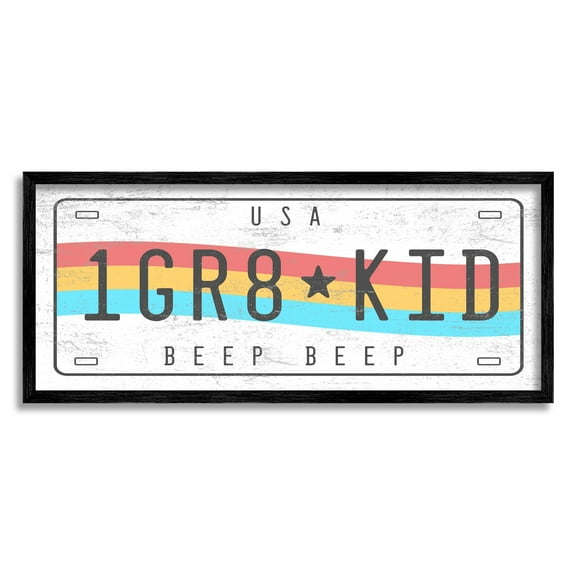 Stupell Industries 1 GR8 KID Rainbow Car License Plate Transportation Painting Black Framed Art Print Wall Art, 13 x 30