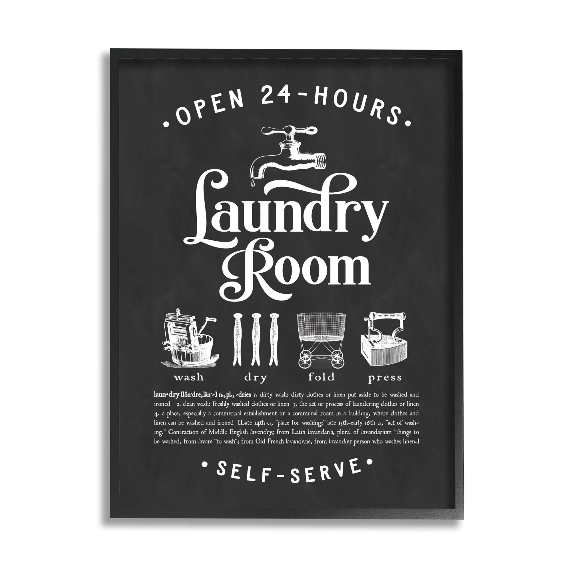 Stupell Industries 24 Hour Laundry Sign Vintage Icon Illustrations Black White, 11 x 14, Designed by Lettered and Lined