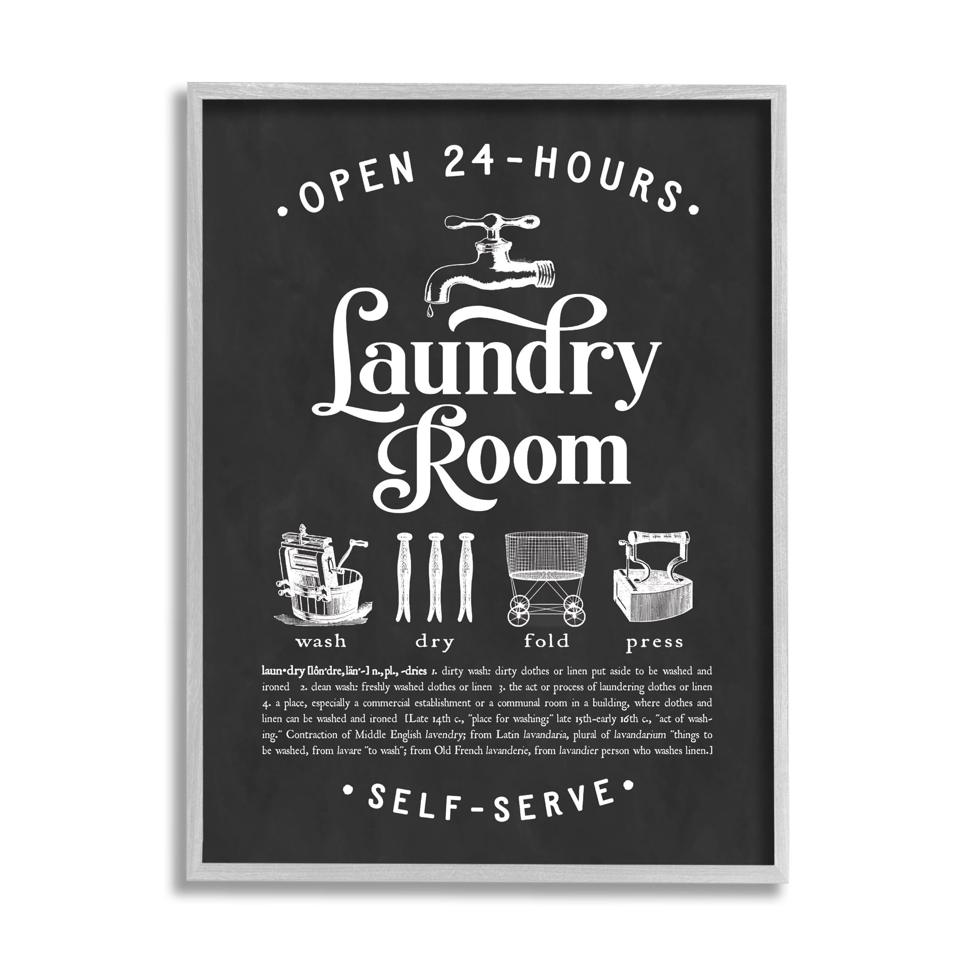 Stupell Industries 24 Hour Laundry Sign Vintage Icon Illustrations Black White, 11 x 14, Designed by Lettered and Lined