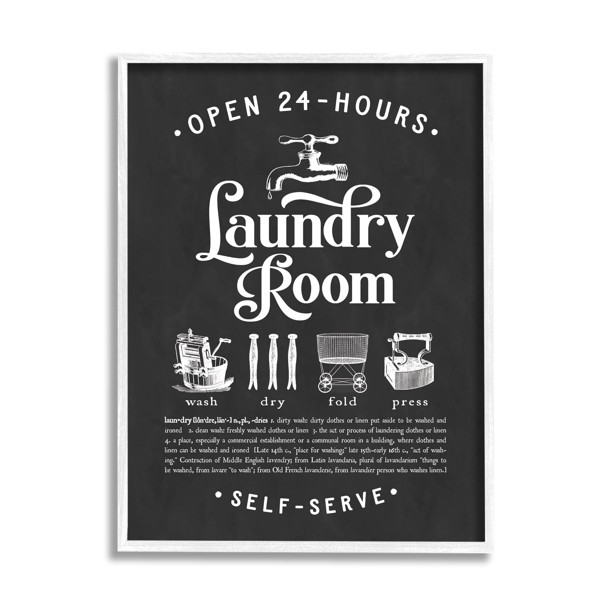 Stupell Industries 24 Hour Laundry Sign Vintage Icon Illustrations Black White, 16 x 20, Designed by Lettered and Lined