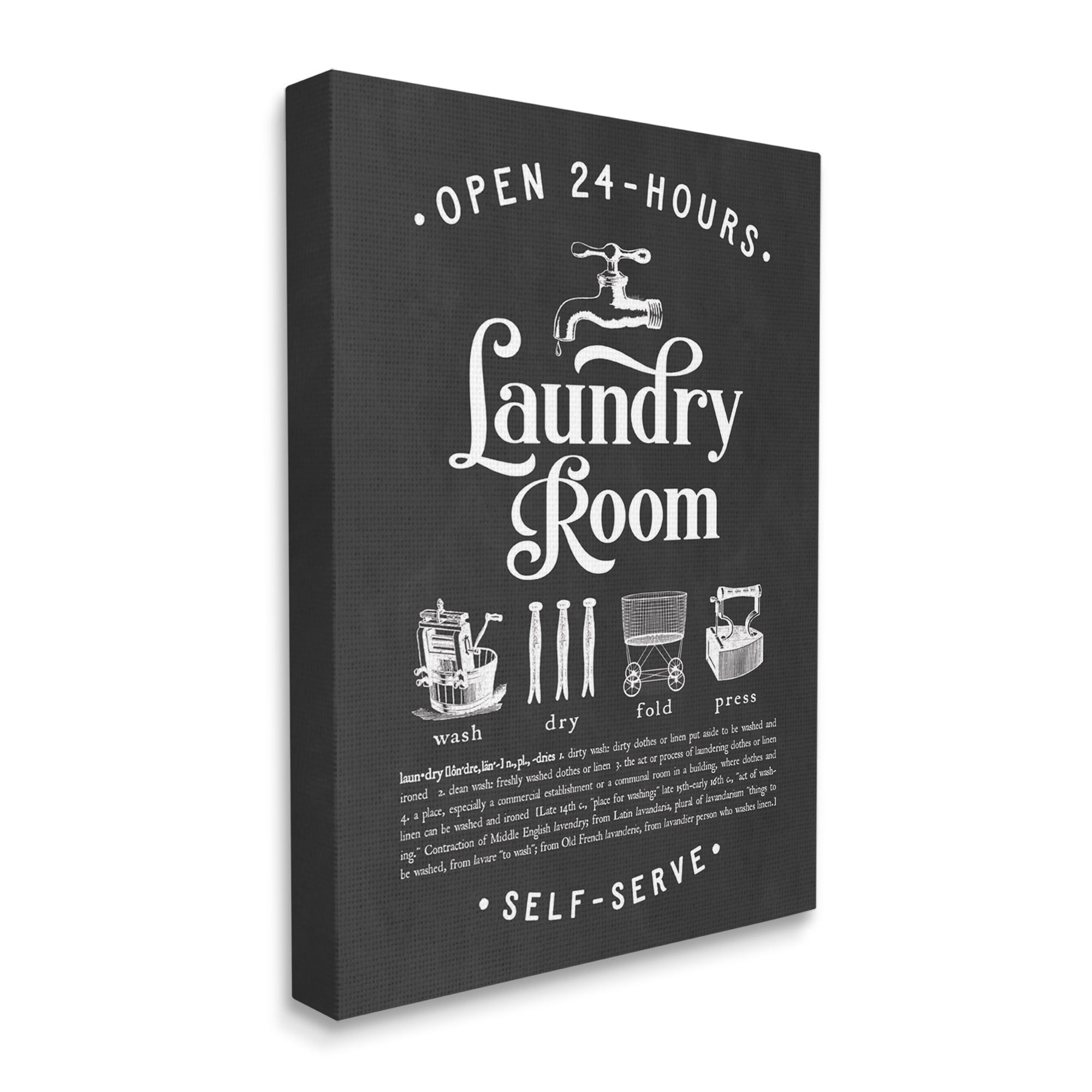 Stupell Industries 24 Hour Laundry Sign Vintage Icon Illustrations Black White Country Painting Gallery-Wrapped Canvas Print Wall Art, 36 x 48, Design by Lettered and Lined