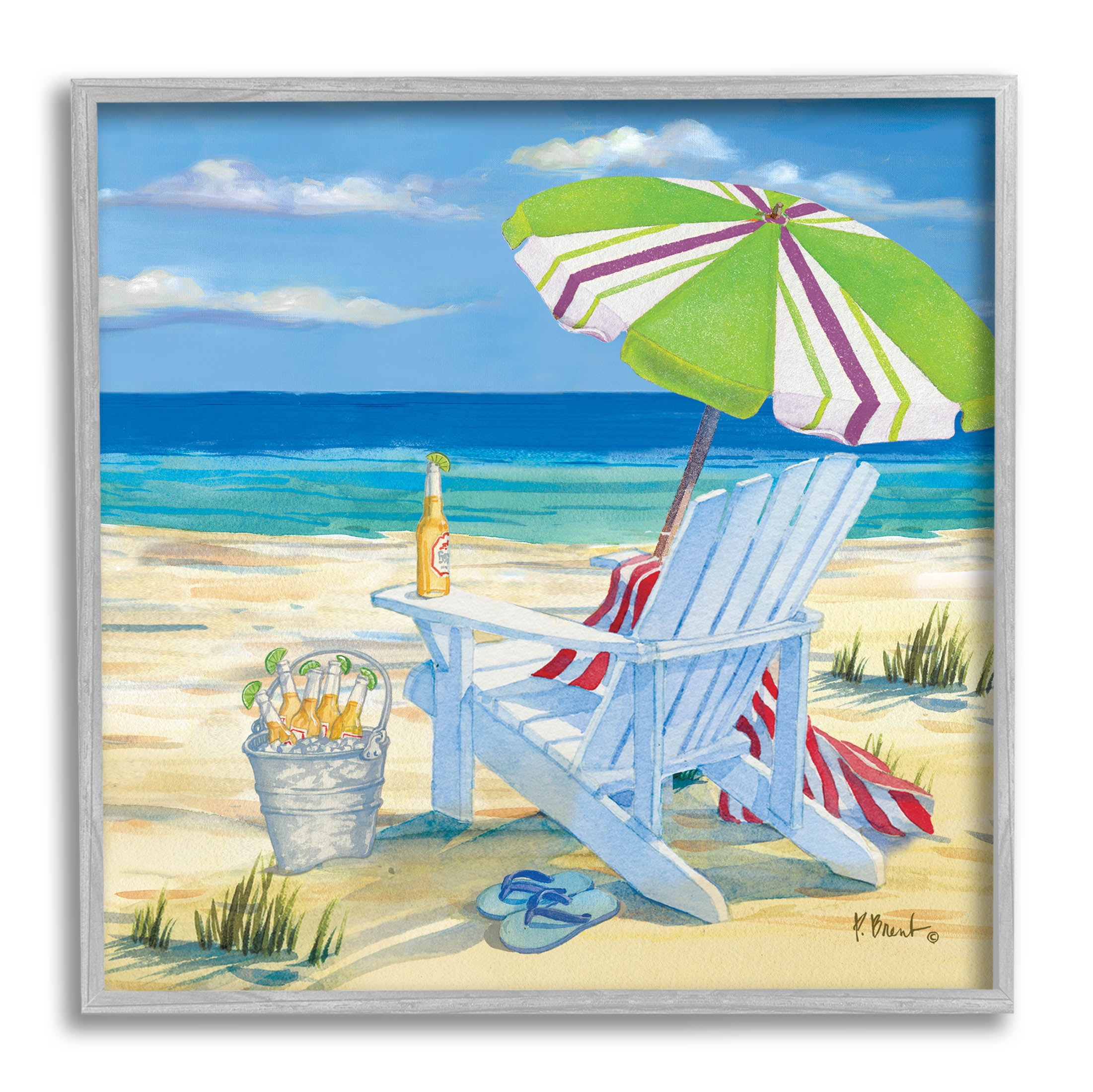Stupell Industries 5pm Summer Beer Beach Chair Painting Gray Framed Art Print Wall Art, Design by Paul Brent