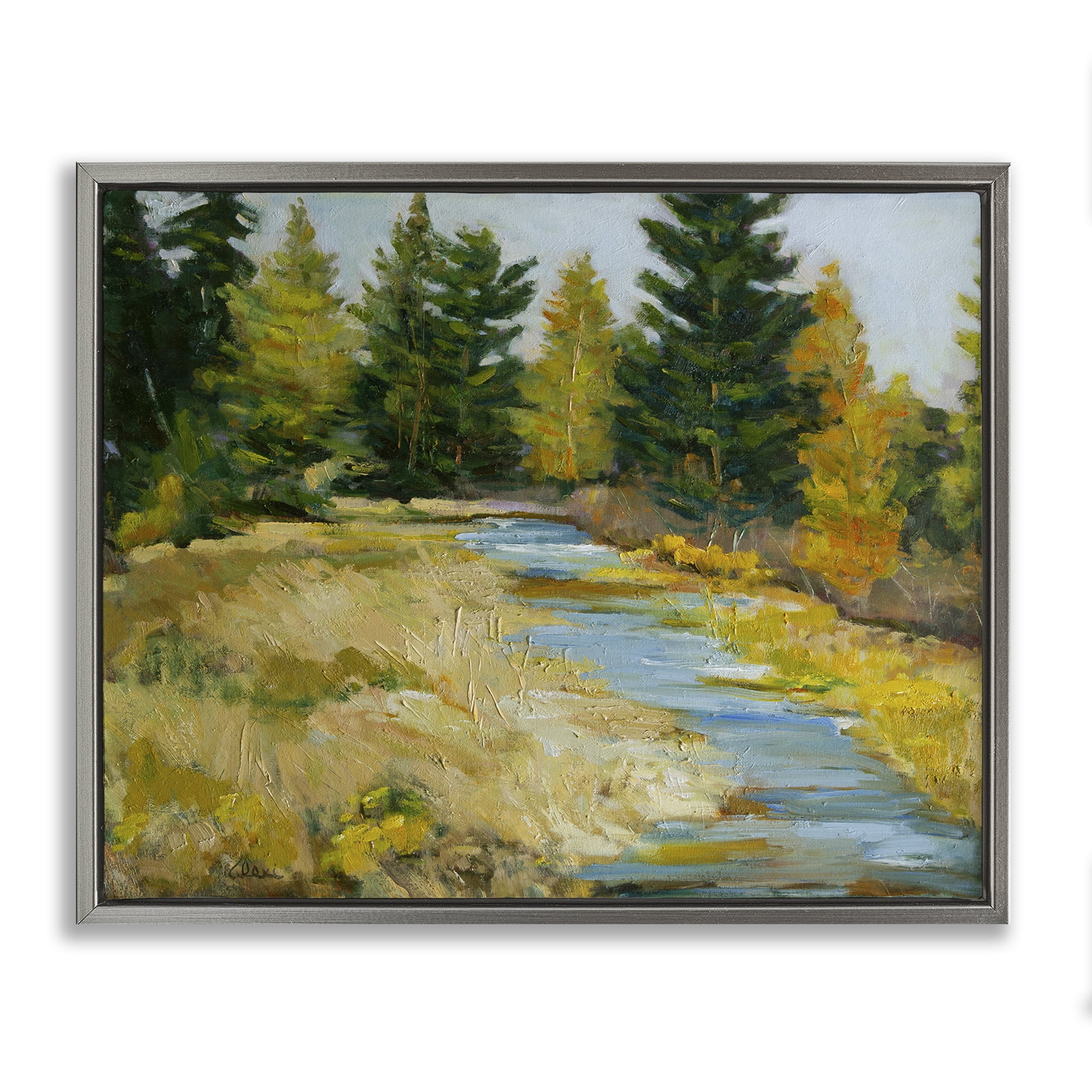 Stupell Industries A Fine Creekside Landscape Landscape & Nature Painting Gray Floater Framed Canvas Art Print Wall Art, 21 x 17