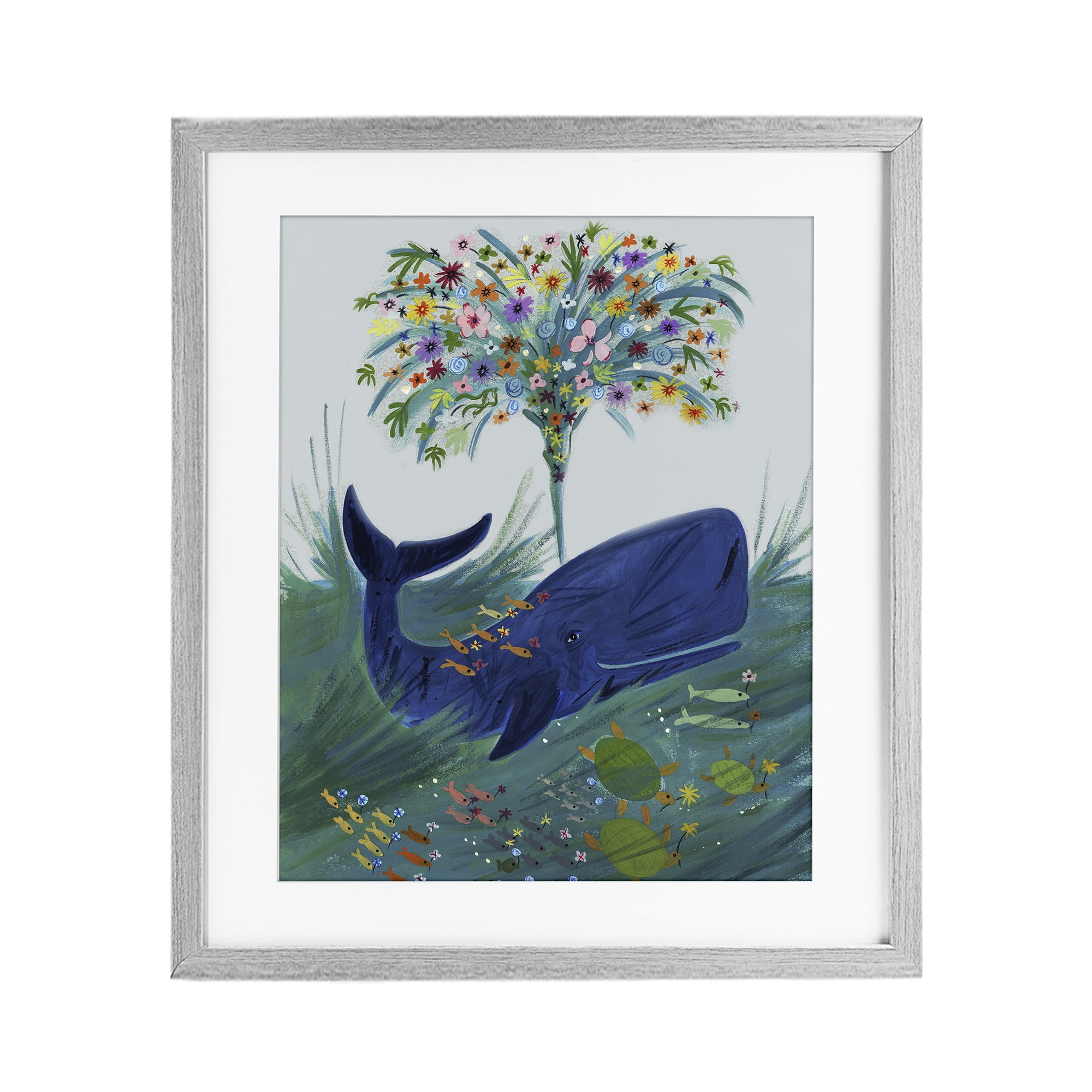 Stupell Industries A Flowery Whale Gray Framed Print Under Glass, design by Kay Widdowson