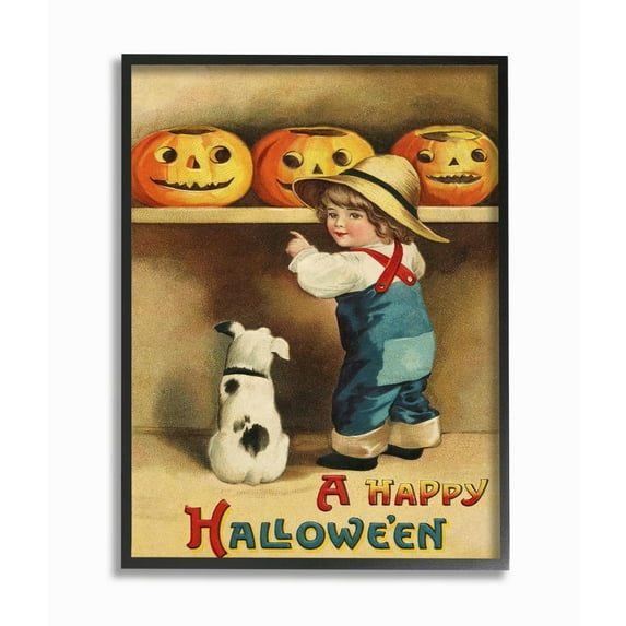 Stupell Industries A Happy Halloween Child and Dog Seasonal Holiday Design Graphic Art Black Framed Art Print Wall Art, 24x30, by Daphne Polselli