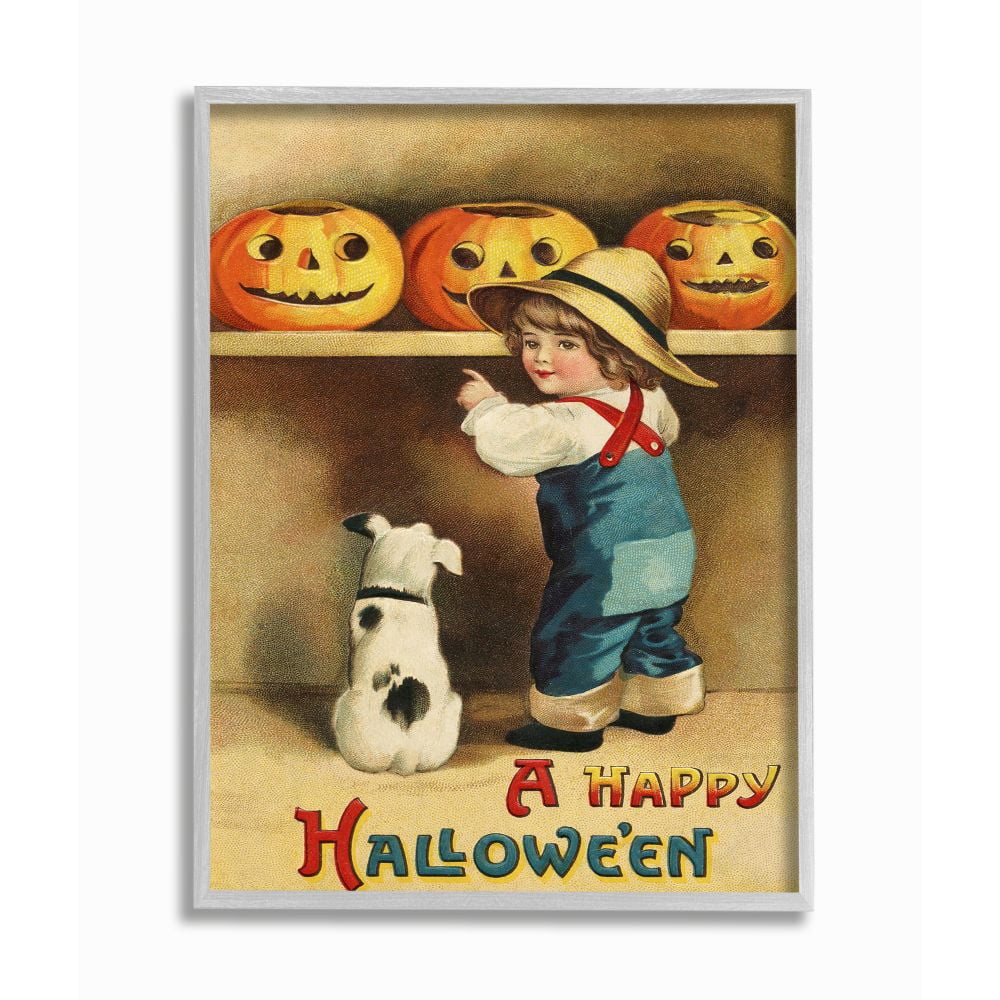 Stupell Industries A Happy Halloween Child and Dog Seasonal Holiday Design Graphic Art Gray Framed Art Print Wall Art, 16x20, by Daphne Polselli