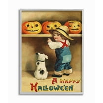 Stupell Industries A Happy Halloween Child and Dog Seasonal Holiday Design Graphic Art Gray Framed Art Print Wall Art, 16x20, by Daphne Polselli