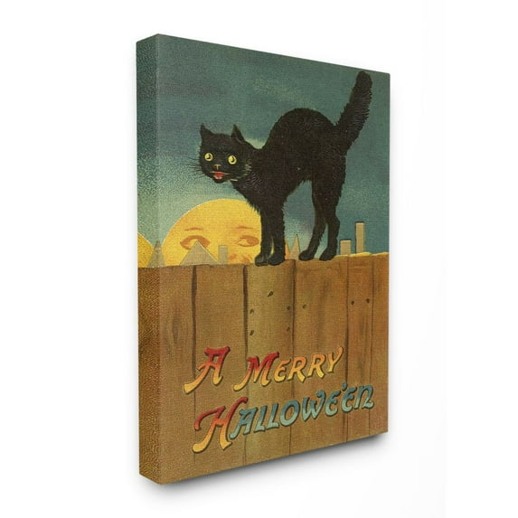 Stupell Industries A Merry Halloween Black Cat Fence Seasonal Holiday Design Canvas Wall Art by Daphne Polselli