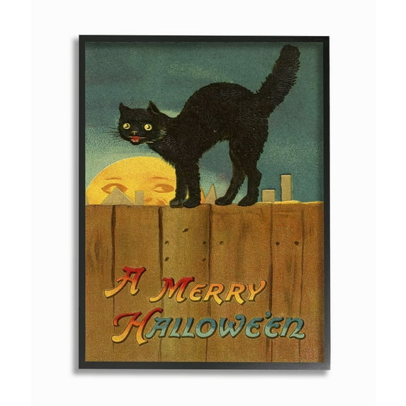 Stupell Industries A Merry Halloween Black Cat Fence Seasonal Holiday Design Graphic Art Black Framed Art Print Wall Art, 24x30, by Daphne Polselli