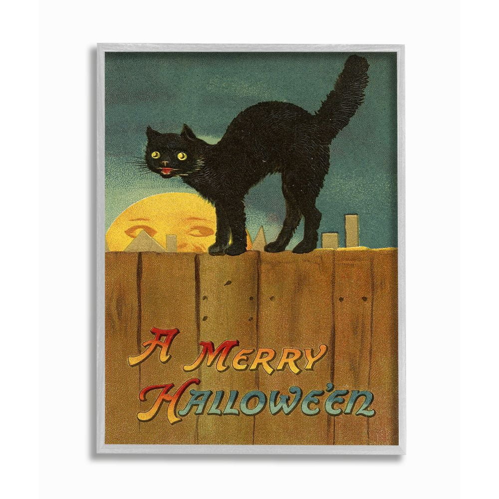 Stupell Industries A Merry Halloween Black Cat Fence Seasonal Holiday Design Graphic Art Gray Framed Art Print Wall Art, 11x14, by Daphne Polselli