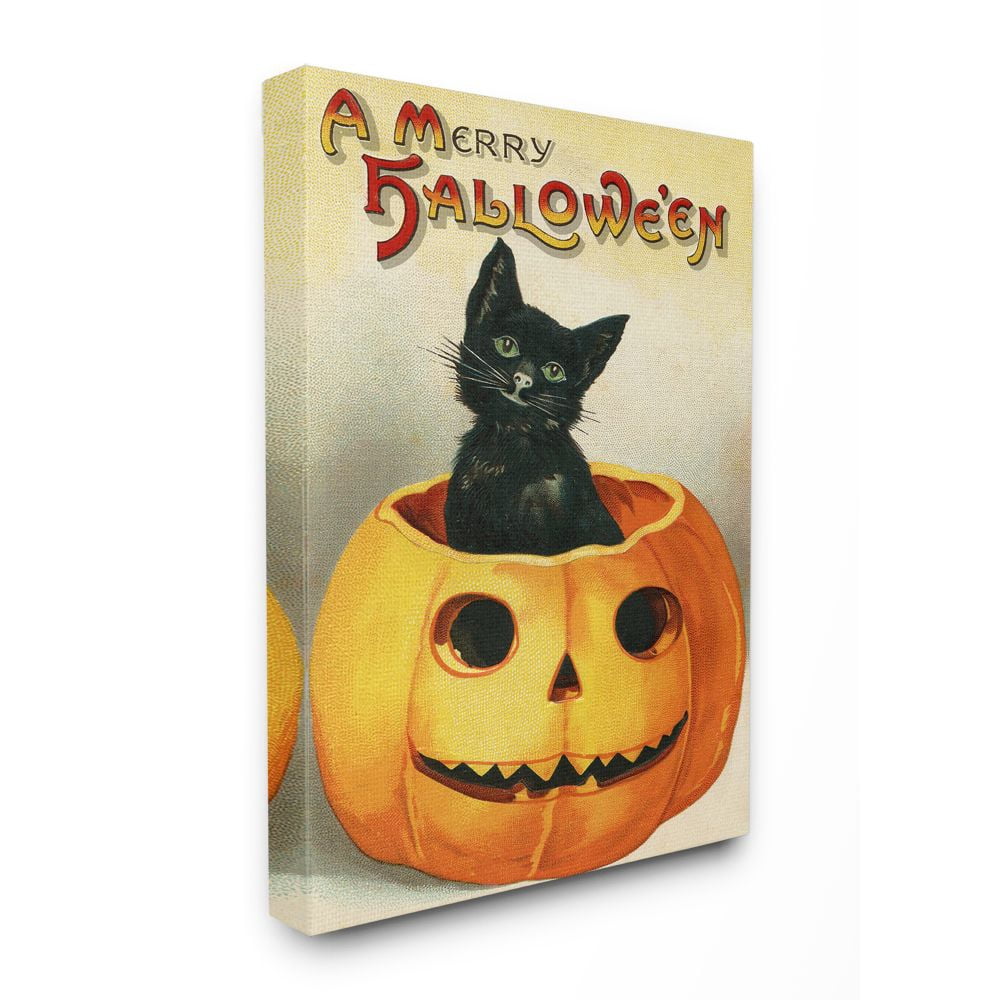 Stupell Industries A Merry Halloween Black Cat Pumpkin Seasonal Holiday Design Canvas Wall Art by Daphne Polselli