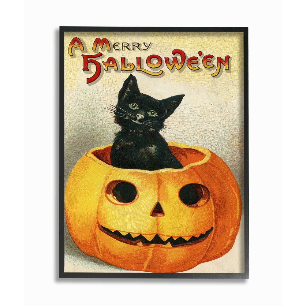 Stupell Industries A Merry Halloween Black Cat Pumpkin Seasonal Holiday Design Graphic Art Black Framed Art Print Wall Art, 16x20, by Daphne Polselli