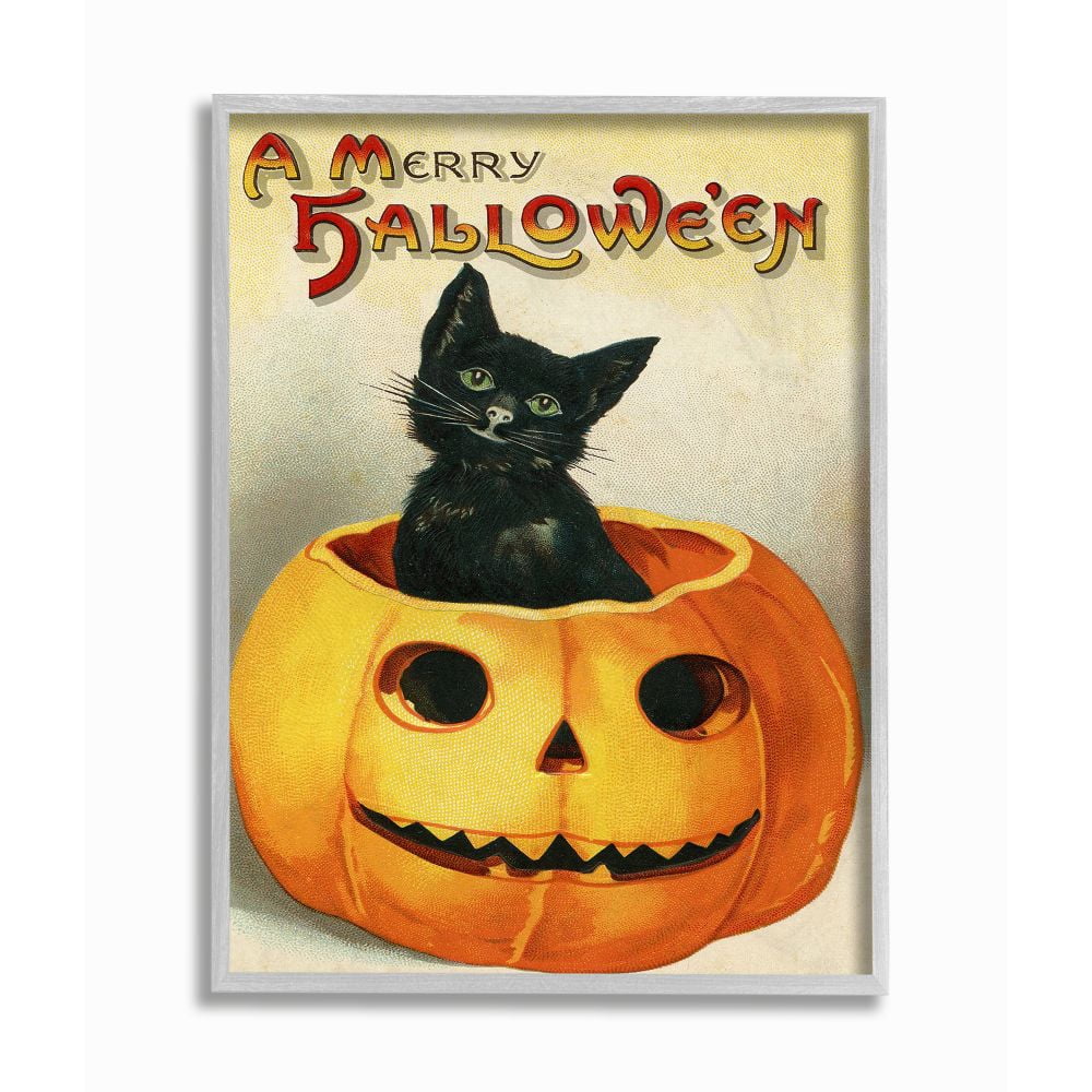 Stupell Industries A Merry Halloween Black Cat Pumpkin Seasonal Holiday Design Graphic Art Gray Framed Art Print Wall Art, 16x20, by Daphne Polselli