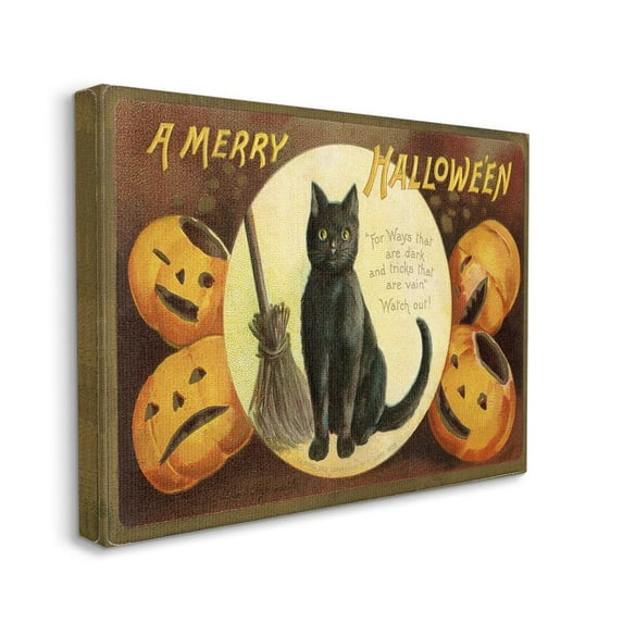 Stupell Industries A Merry Halloween Pumpkins And Black Cat Seasonal Holiday Design Canvas Wall Art by Daphne Polselli