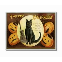 Stupell Industries A Merry Halloween Pumpkins And Black Cat Seasonal Holiday Design Graphic Art Gray Framed Art Print Wall Art, 11x14, by Daphne Polselli