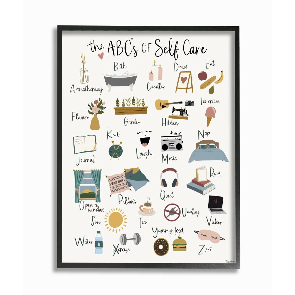Stupell Industries ABC's of Self Care Adult Relaxation Alphabet Framed Wall Art Design by Gigi Louise, 11" x 14", Black Framed