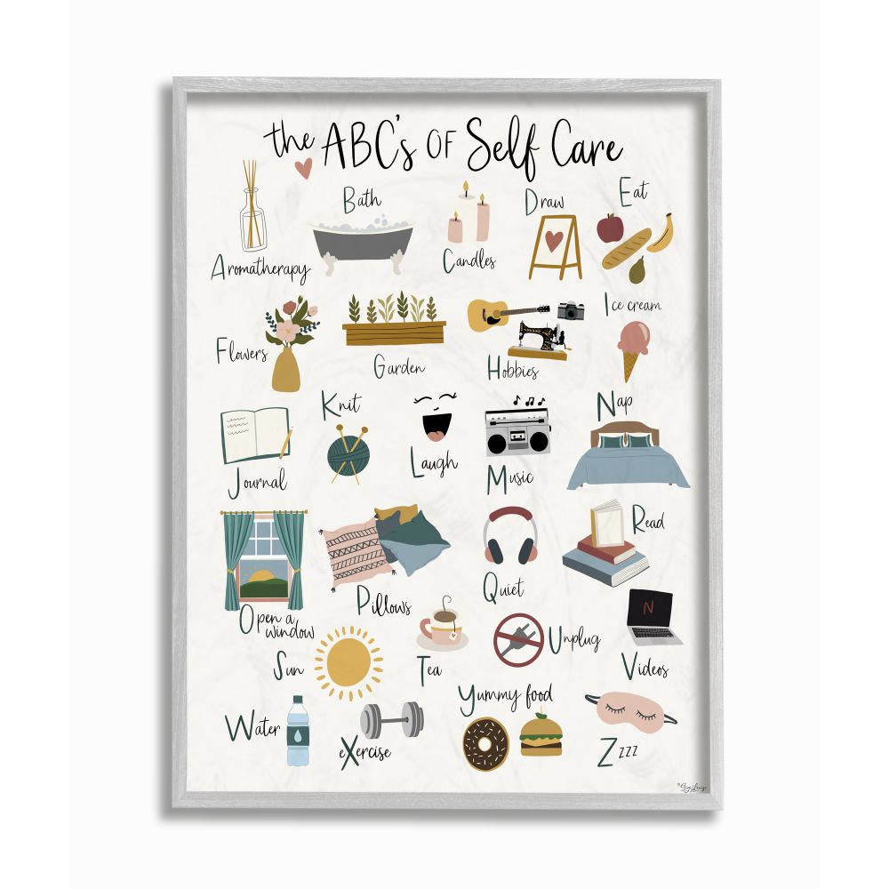 Stupell Industries ABC's of Self Care Adult Relaxation Alphabet Framed Wall Art Design by Gigi Louise, 16" x 20", Gray Framed