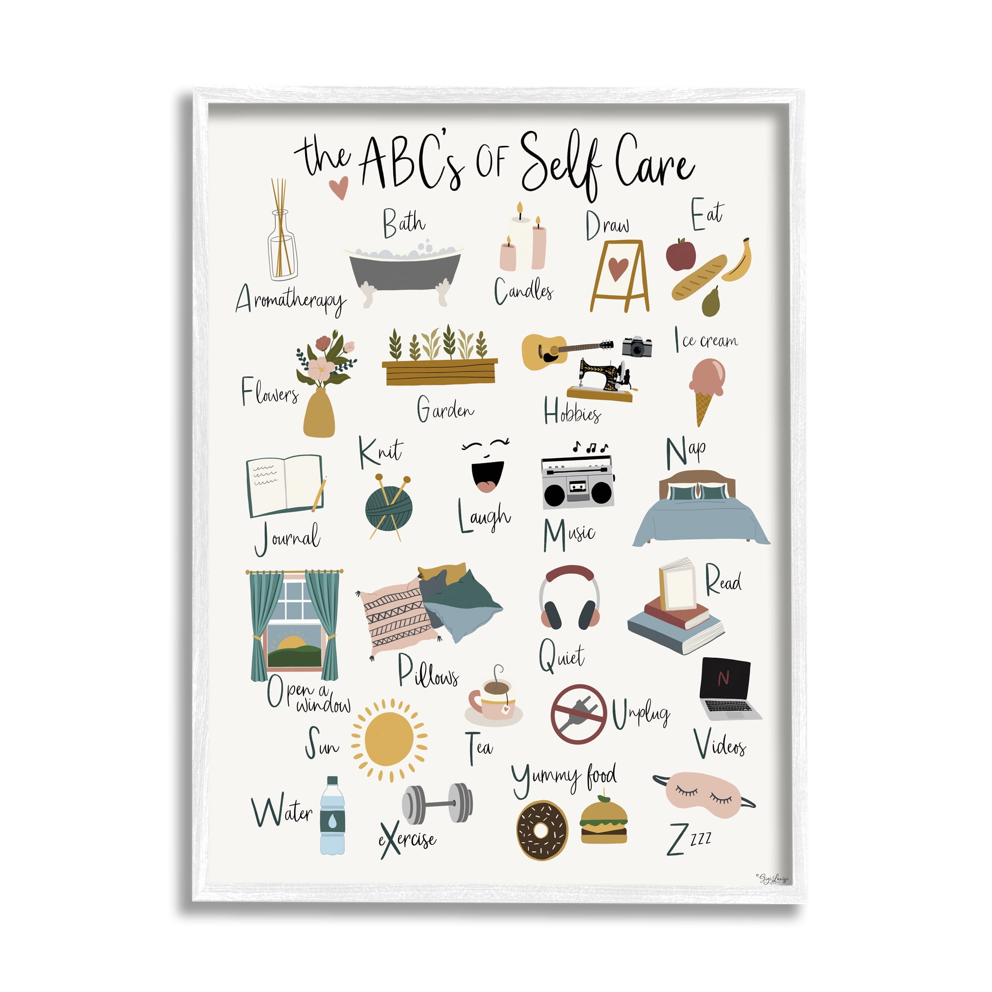 Stupell Industries ABC's of Self Care Adult Relaxation Alphabet Graphic Art Framed Art Print Wall Art, 11x14, By Gigi Louise