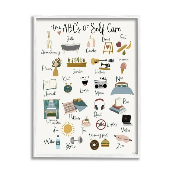 Stupell Industries ABC's of Self Care Adult Relaxation Alphabet Graphic Art Framed Art Print Wall Art, 16x20, By Gigi Louise