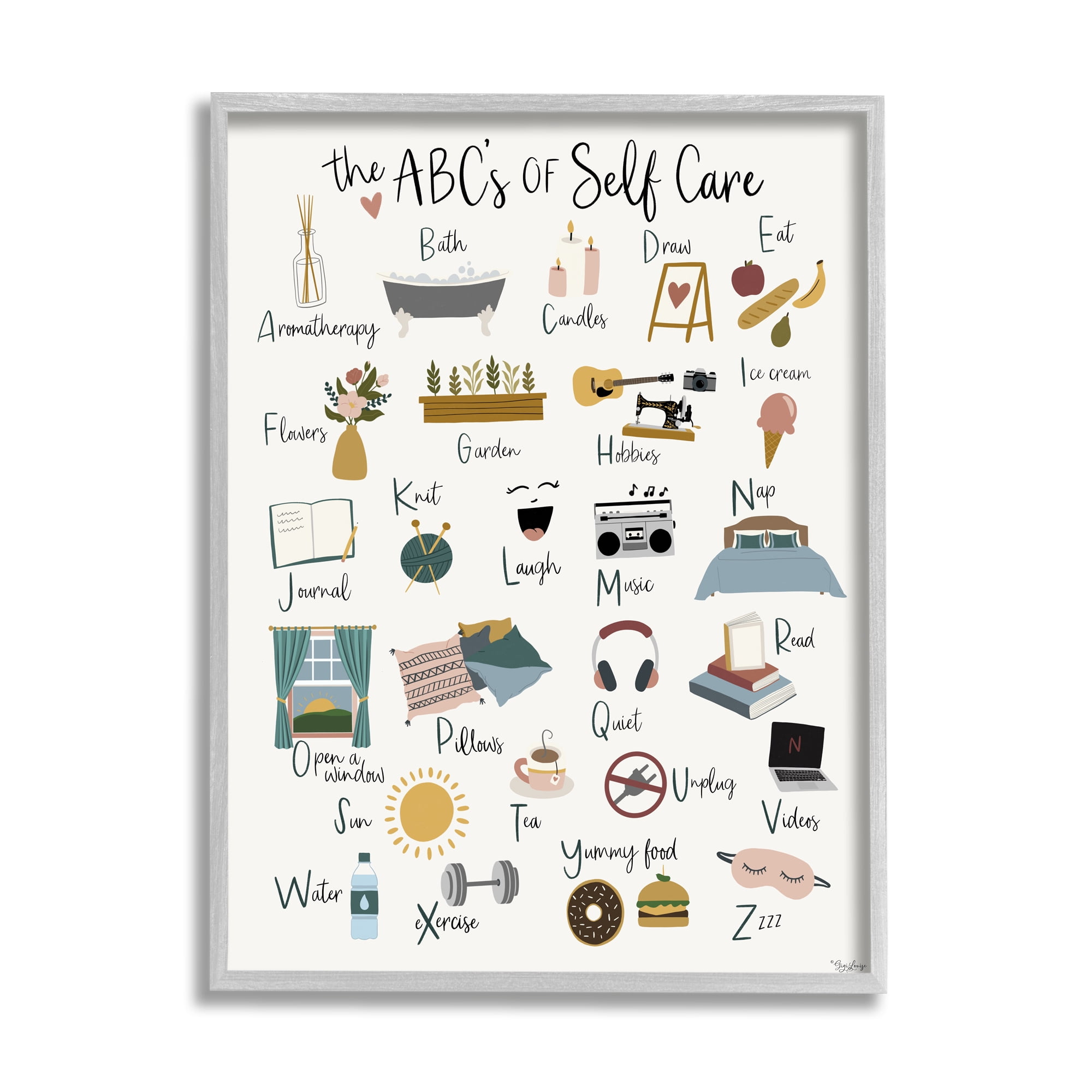 Stupell Industries ABC's of Self Care Adult Relaxation Alphabet Graphic Art Framed Art Print Wall Art, 24x30, By Gigi Louise