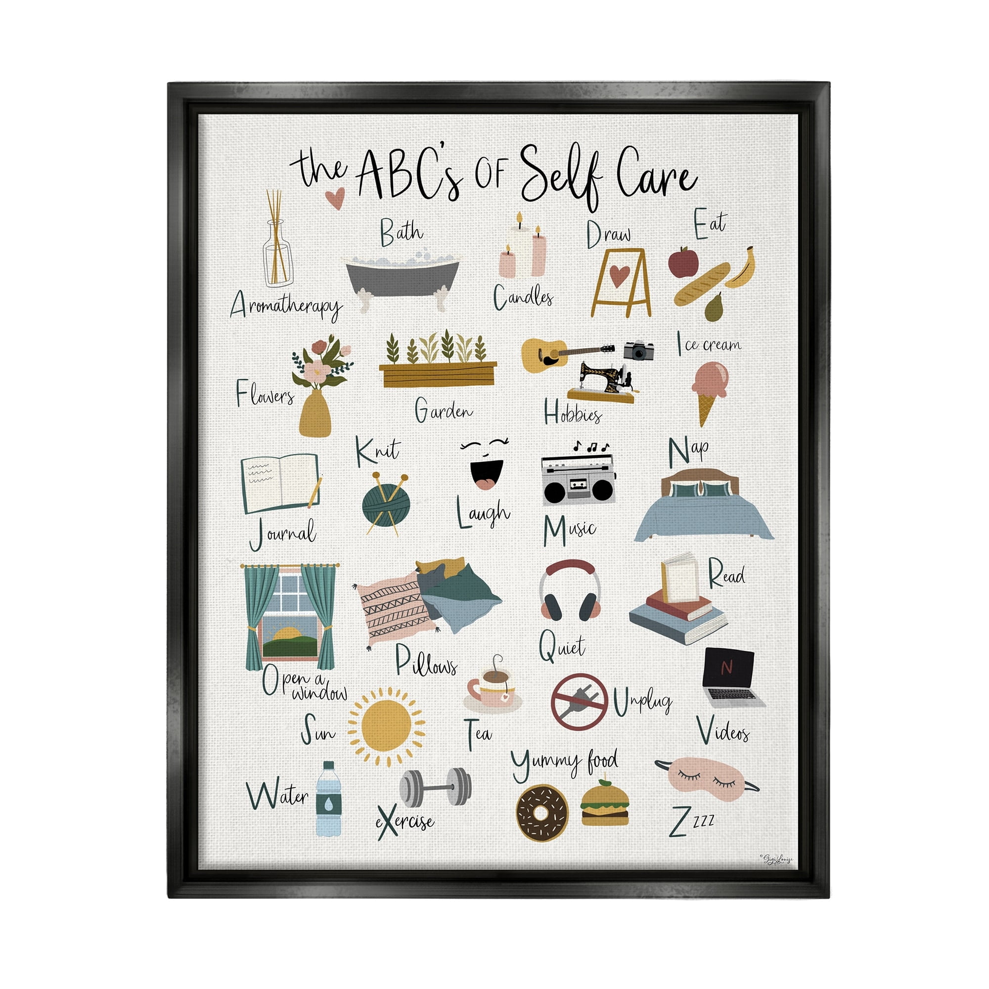 Stupell Industries ABC's of Self Care Adult Relaxation Alphabet Jet Black Framed Floating Canvas Wall Art, 24x30, by Gigi Louise