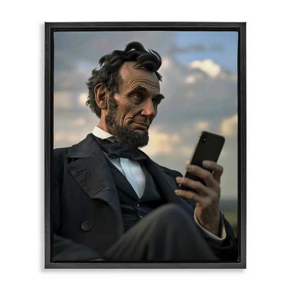 Stupell Industries Abe Lincoln with Cellphone People Painting Black Floater Framed Canvas Art Print Wall Art, 17 x 21