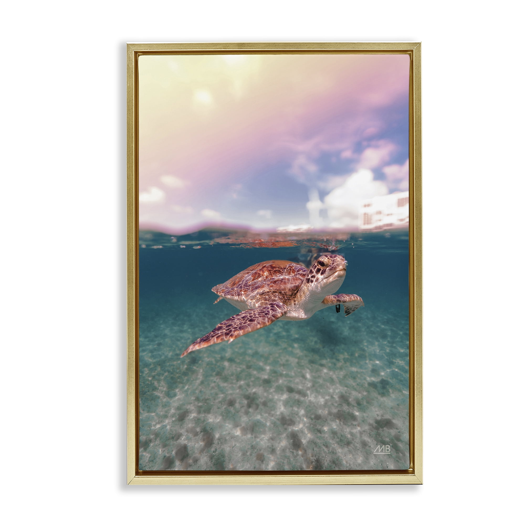 Stupell Industries Above & Below Sea Turtle Animals Photography Gold Floater Framed Canvas Art Print Wall Art, 17 x 25