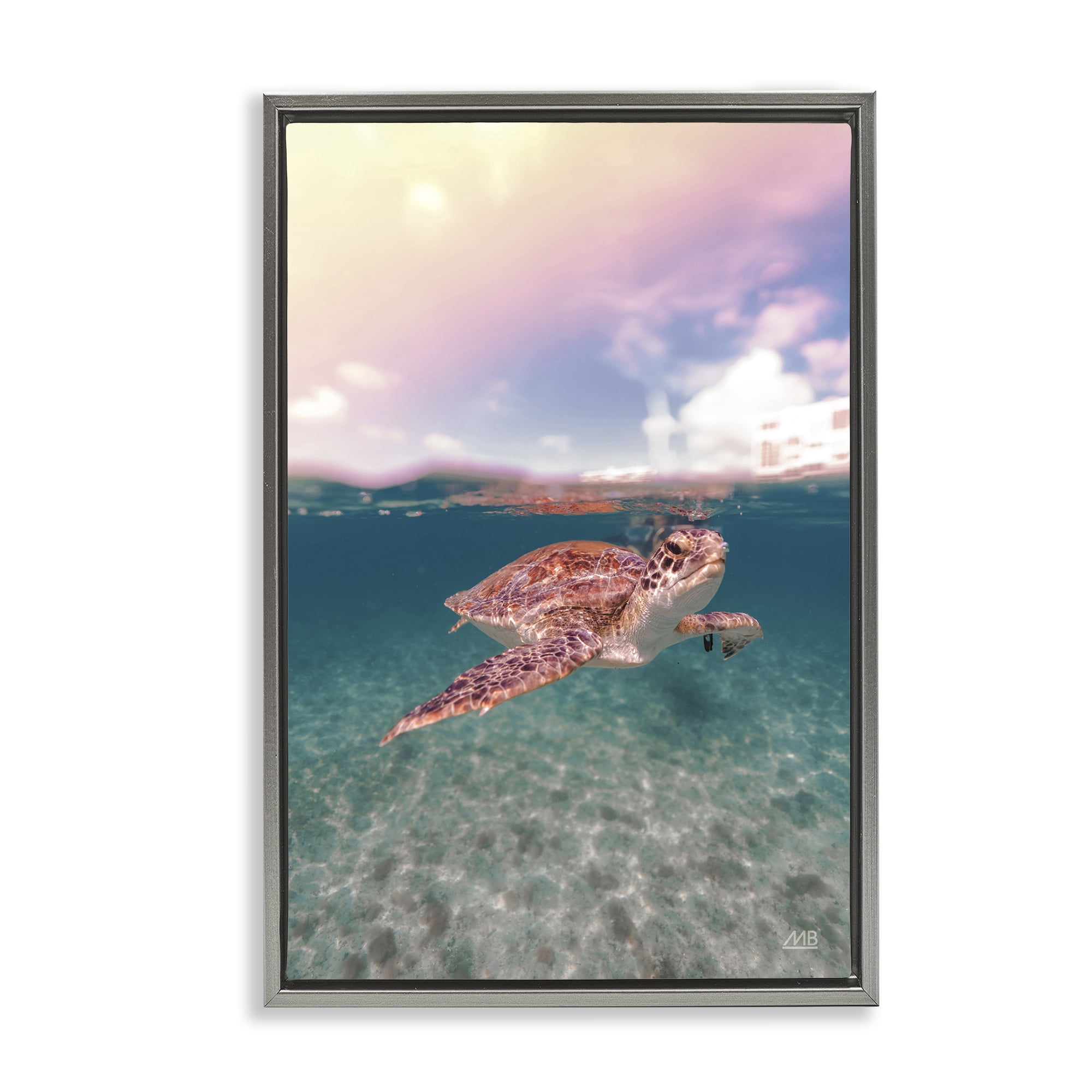 Stupell Industries Above & Below Sea Turtle Animals Photography Gray Floater Framed Canvas Art Print Wall Art, 21 x 31
