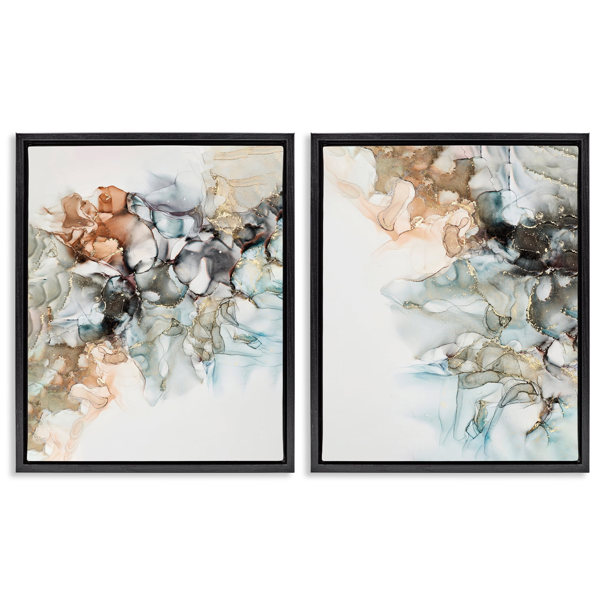 Stupell Industries Abstract Alcohol Ink Blue Copper Abstract Painting Black Floater Framed Canvas Art Print Wall Art, 31 x 25, Set of 2