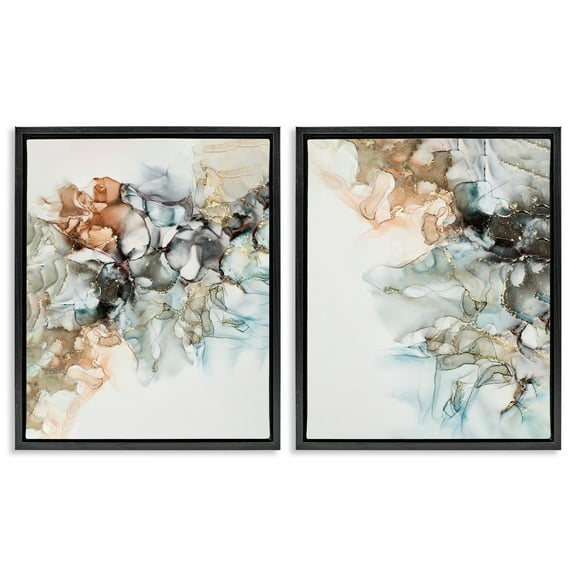 Stupell Industries Abstract Alcohol Ink Blue Copper Abstract Painting Black Floater Framed Canvas Art Print Wall Art, 31 x 25, Set of 2