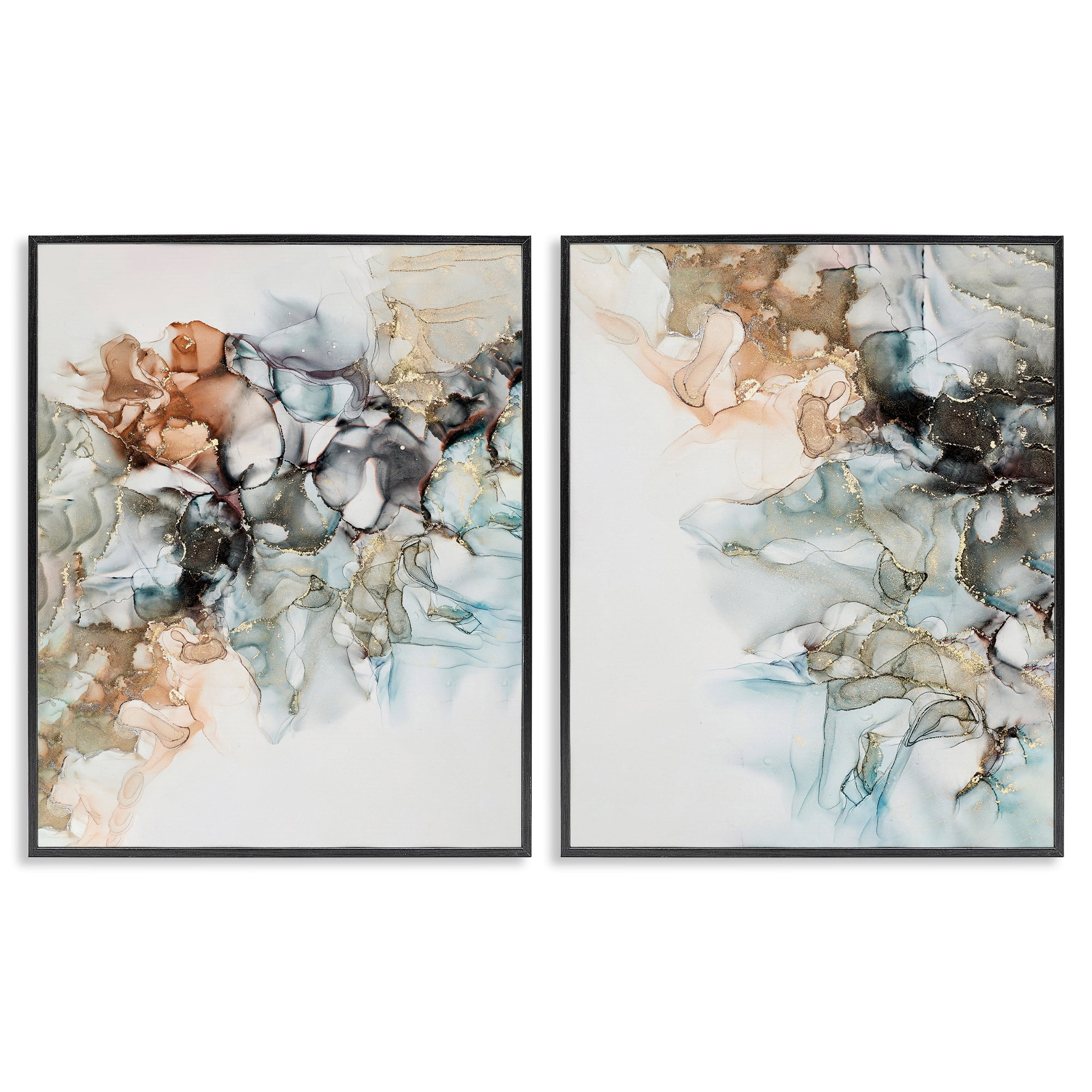 Stupell Industries Abstract Alcohol Ink Blue Copper Abstract Painting Black Framed Art Print Wall Art, 11 x 14, Set of 2