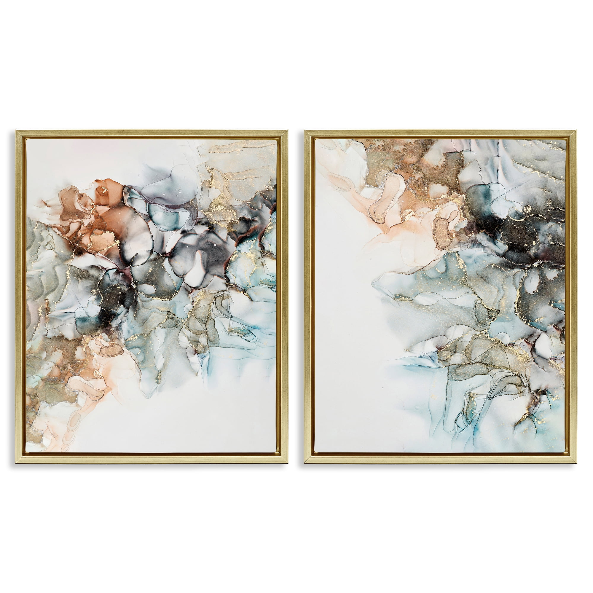 Stupell Industries Abstract Alcohol Ink Blue Copper Abstract Painting Gold Floater Framed Canvas Art Print Wall Art, 31 x 25, Set of 2
