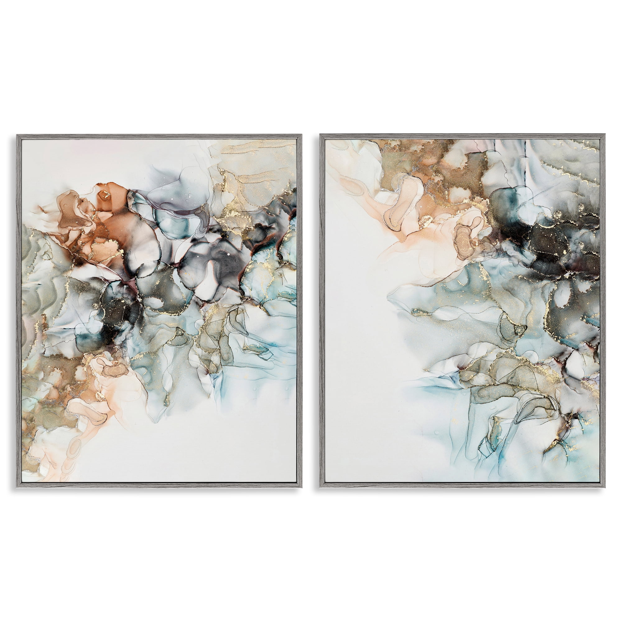 Stupell Industries Abstract Alcohol Ink Blue Copper Abstract Painting Gray Framed Art Print Wall Art, 16 x 20, Set of 2