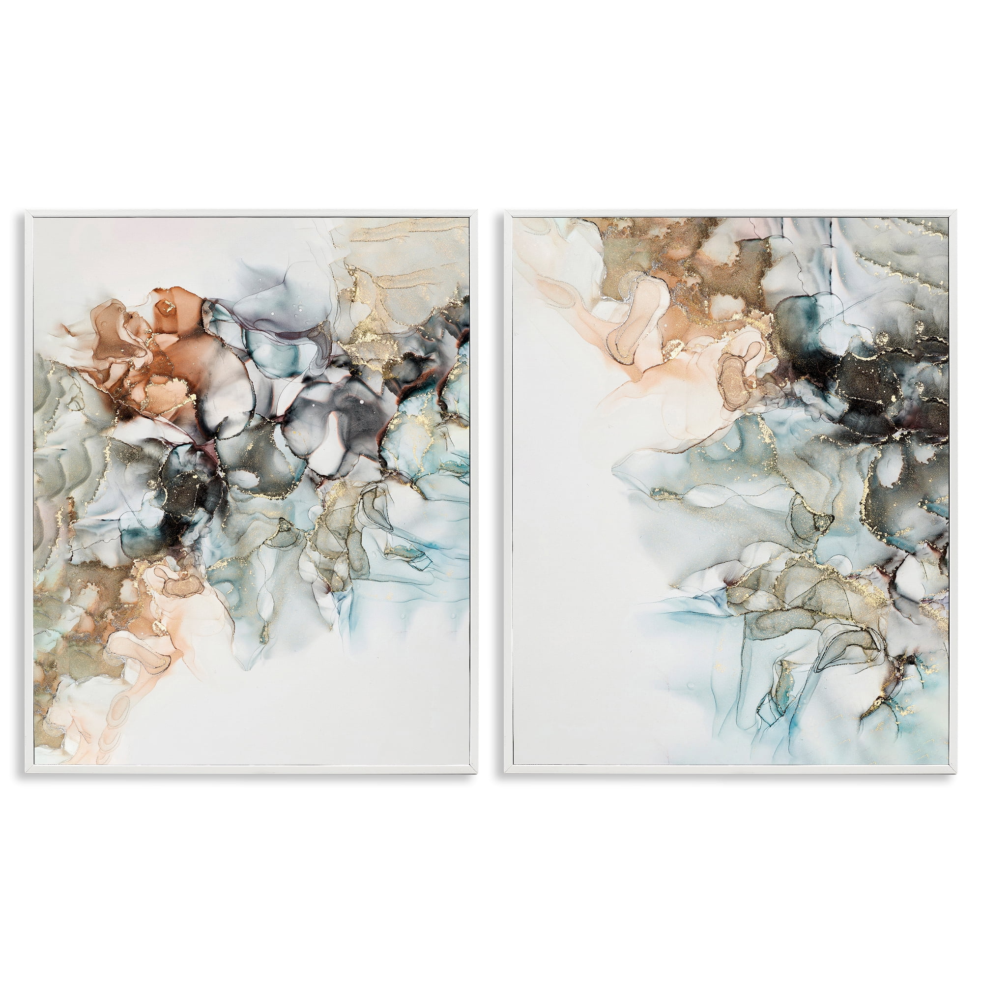 Stupell Industries Abstract Alcohol Ink Blue Copper Abstract Painting White Framed Art Print Wall Art, 16 x 20, Set of 2