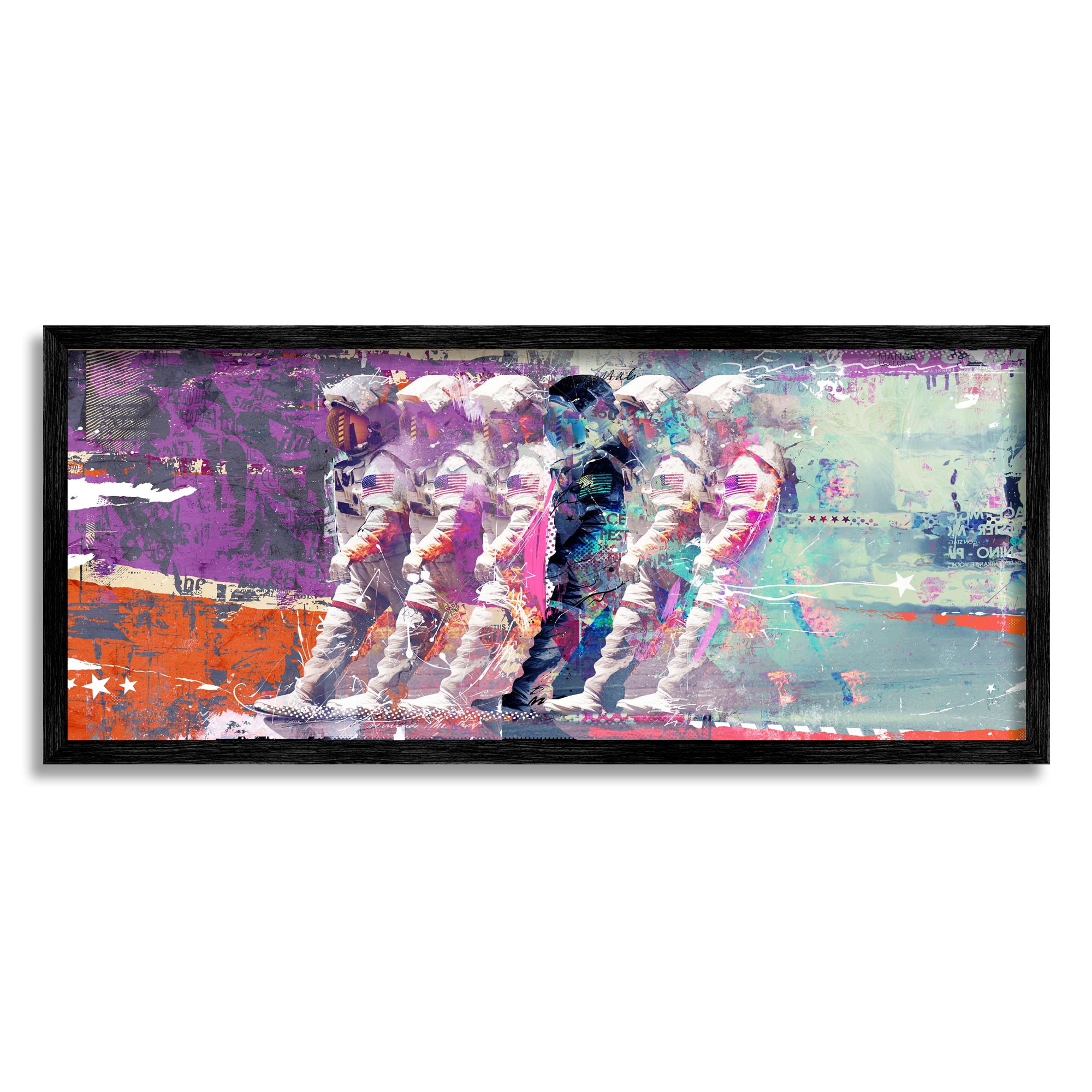 Stupell Industries Abstract Astronaut Collage Abstract Painting Black Framed Art Print Wall Art, 30 x 13