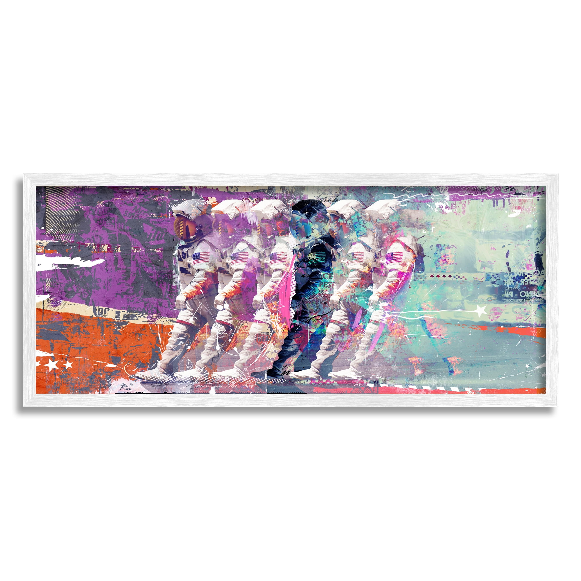 Stupell Industries Abstract Astronaut Collage Abstract Painting White Framed Art Print Wall Art, 24 x 10