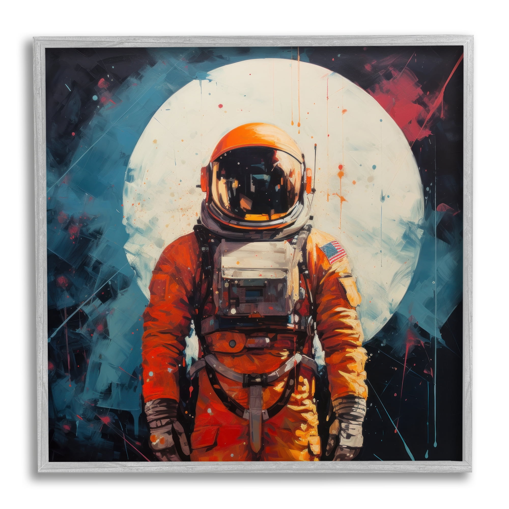 Stupell Industries Abstract Astronaut & Moon Abstract Painting Gray Framed Art Print Wall Art, 24 x 24