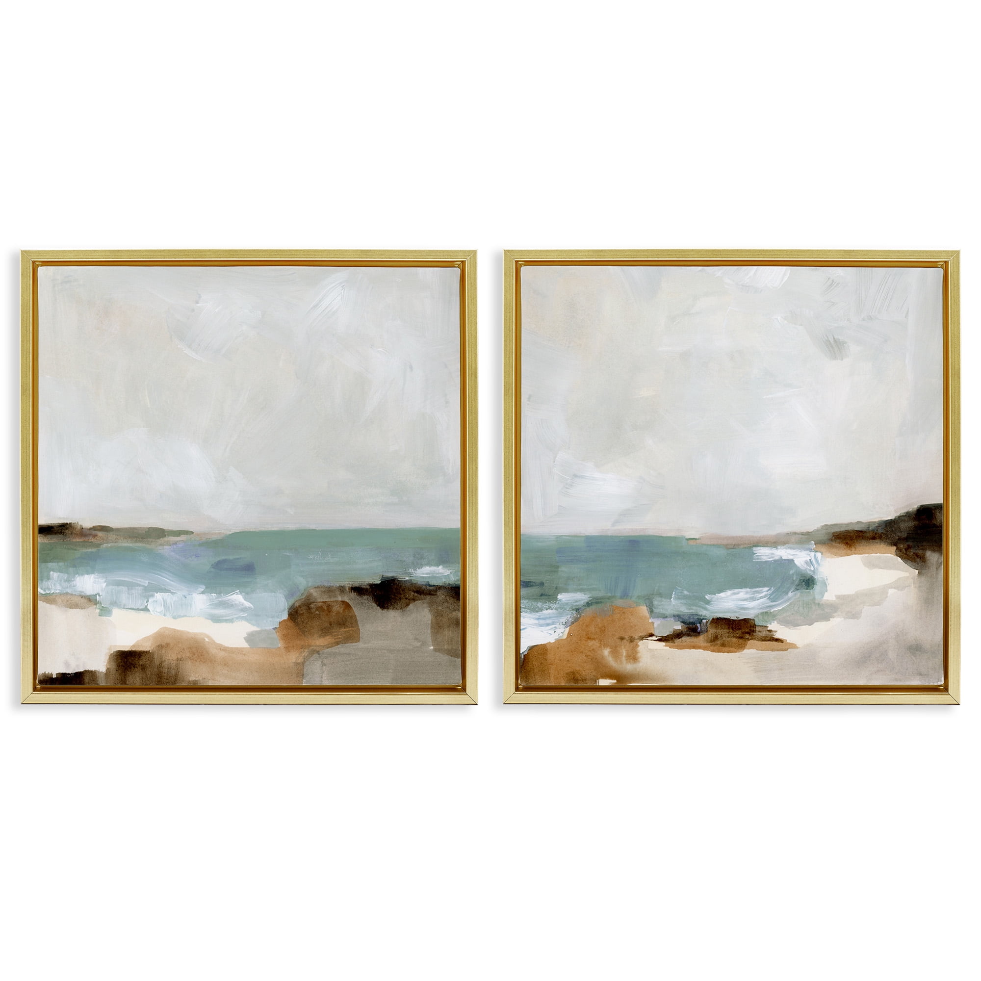 Stupell Industries Abstract Beach Cove Landscape Cliffs Nature Painting Gold Floater Framed Canvas Art Print Wall Art, 25 x 25, Set of 2