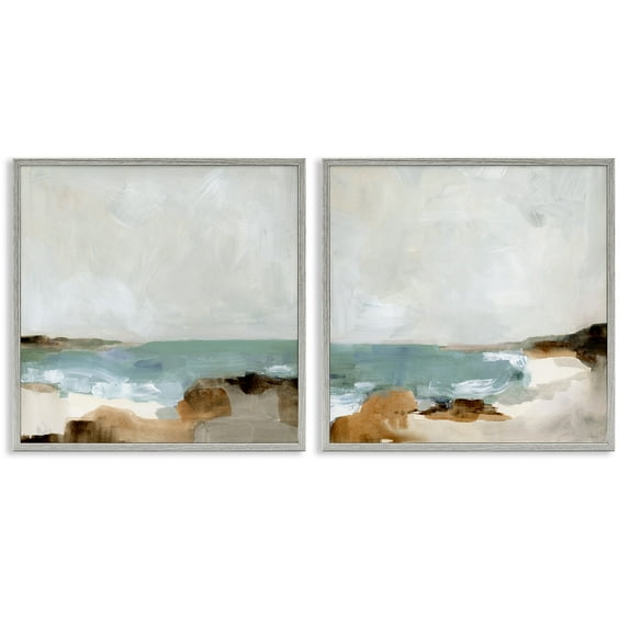Stupell Industries Abstract Beach Cove Landscape Cliffs Nature Painting Gray Framed Art Print Wall Art, 17 x 17, Set of 2