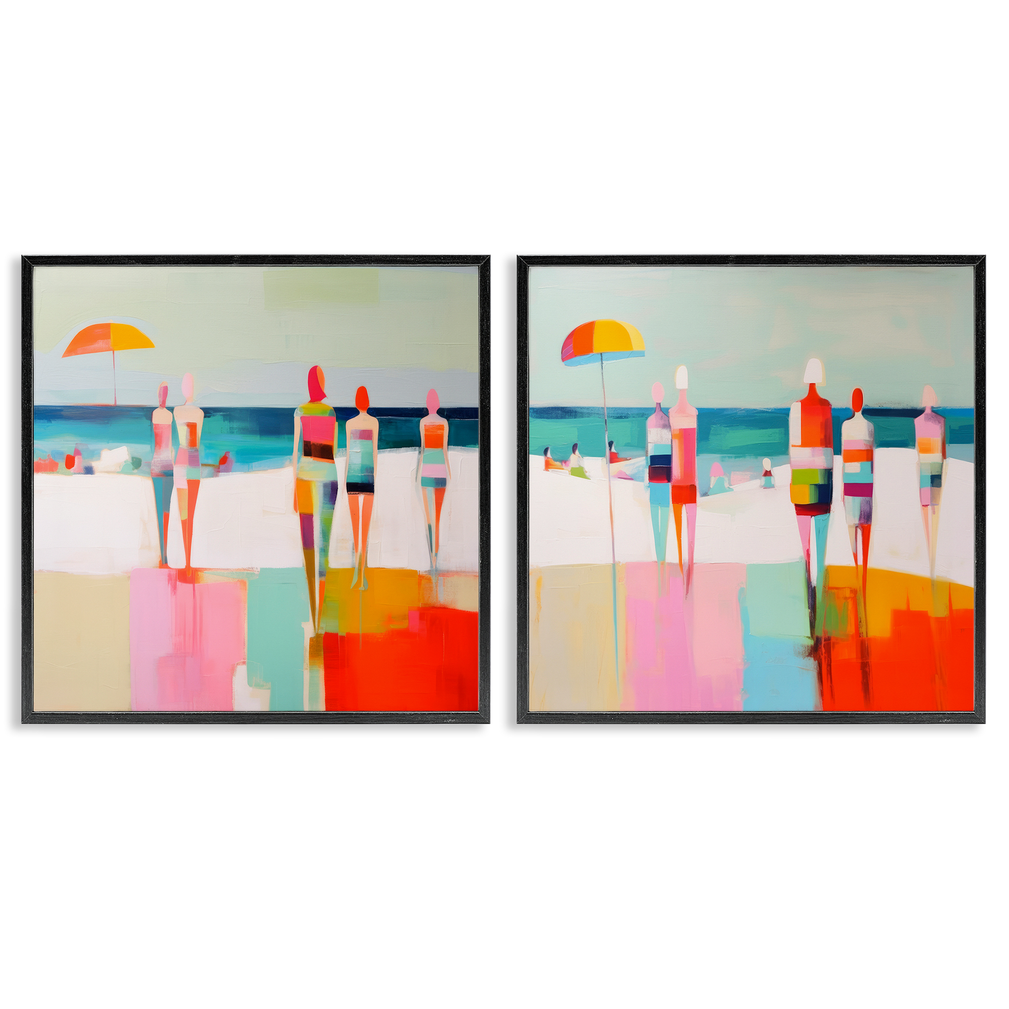 Stupell Industries Abstract Beach Goers People Painting Black Framed Art Print Wall Art, 12 x 12, Set of 2
