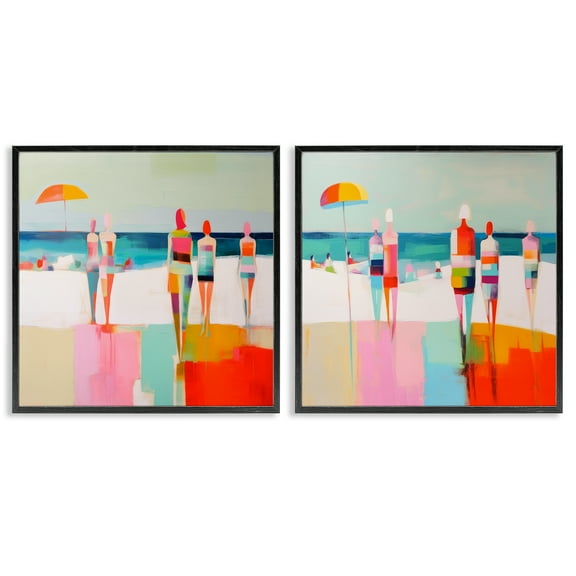 Stupell Industries Abstract Beach Goers People Painting Black Framed Art Print Wall Art, 12 x 12, Set of 2