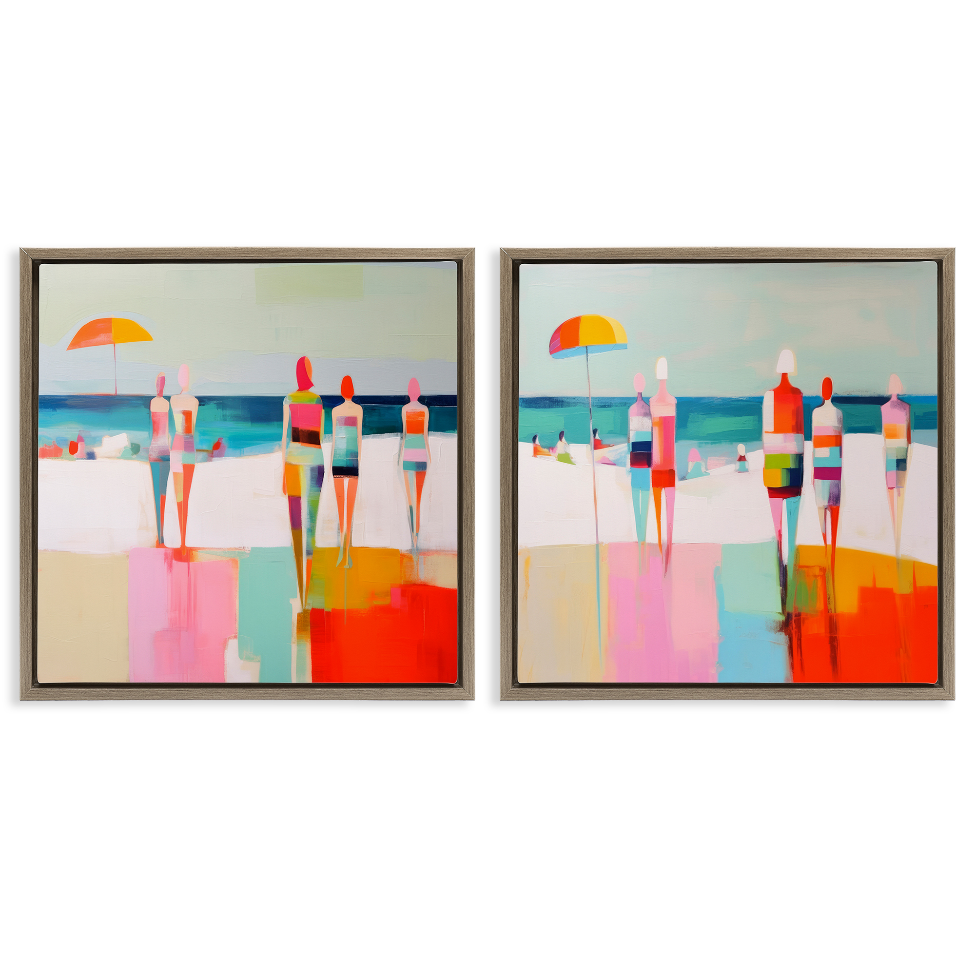 Stupell Industries Abstract Beach Goers People Painting Brown Floater Framed Canvas Art Print Wall Art, 18 x 18, Set of 2