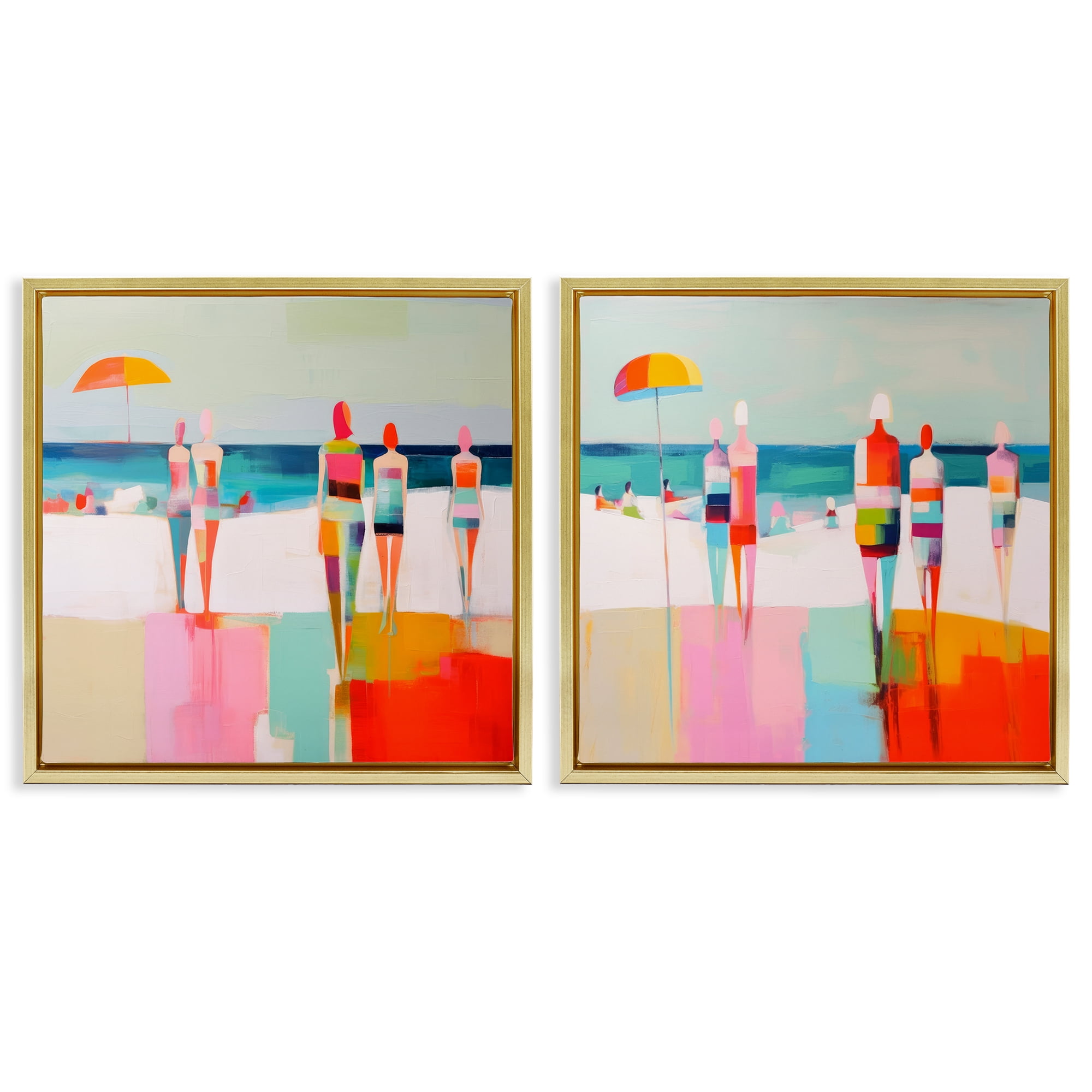Stupell Industries Abstract Beach Goers People Painting Gold Floater Framed Canvas Art Print Wall Art, 25 x 25, Set of 2